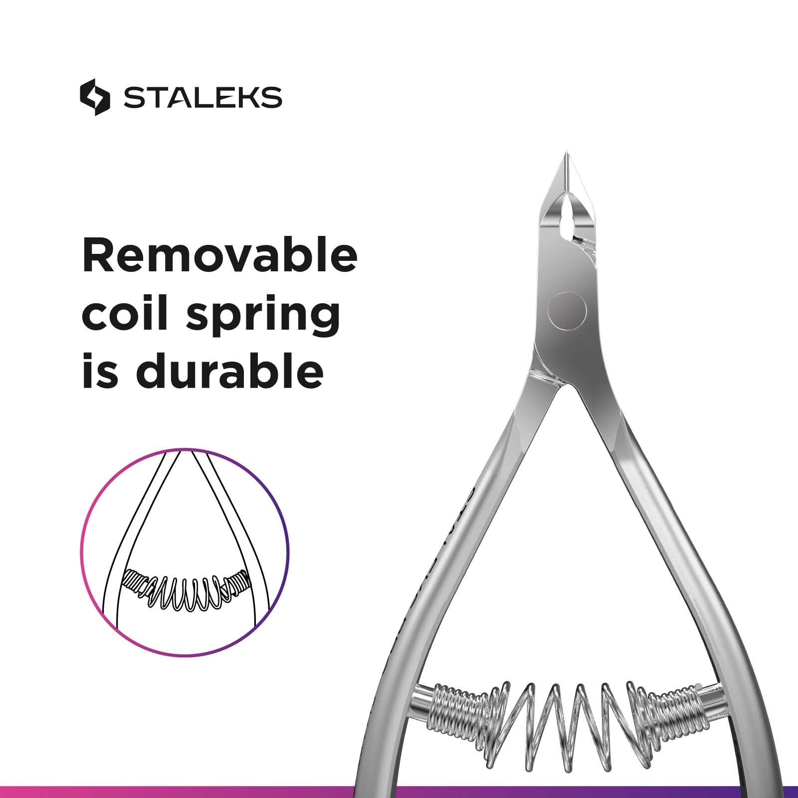 Staleks Pro Cuticle Trimmer stainless steel body resists corrosion for durability.