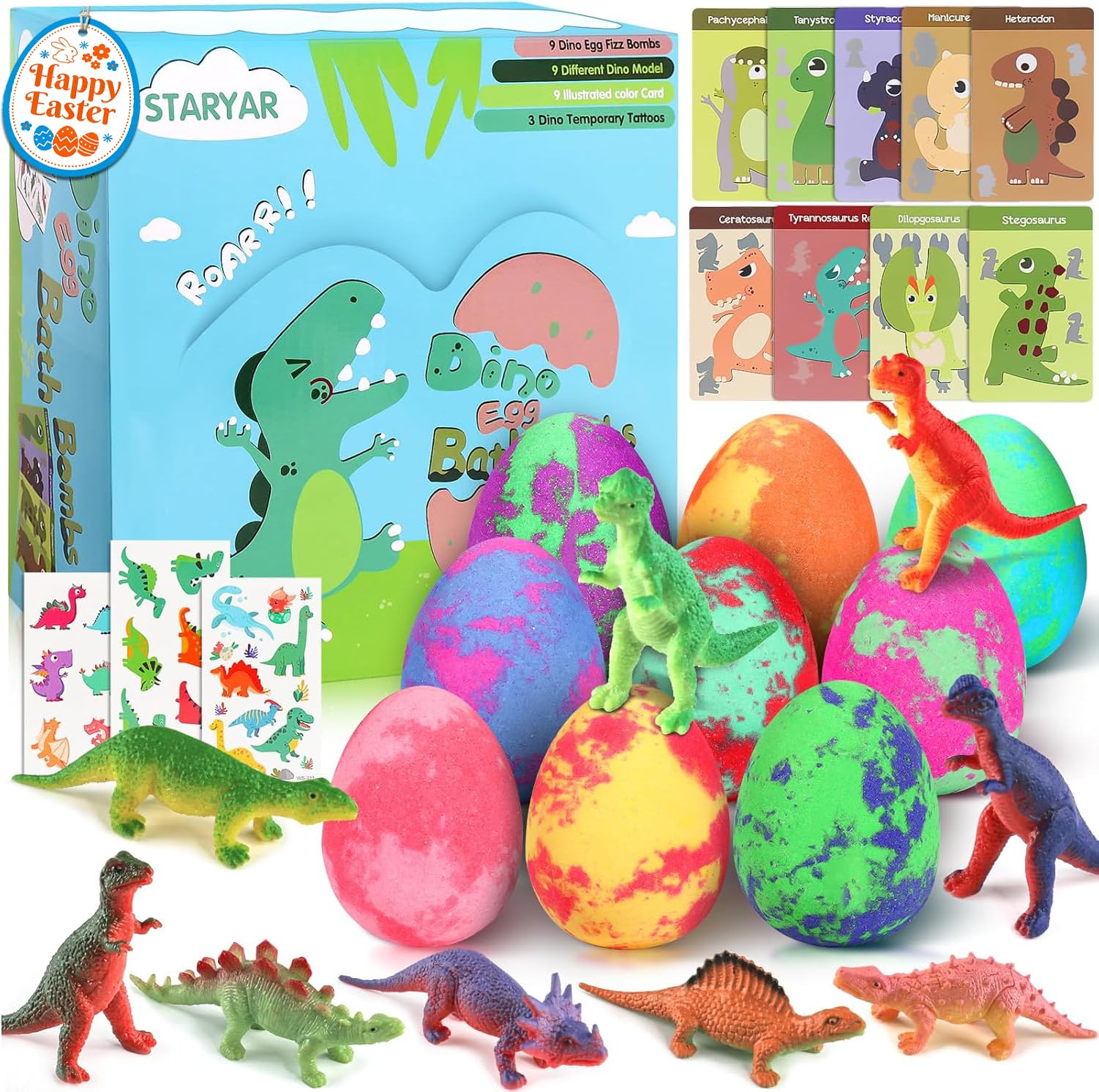 STARYAR dino egg bath bomb set with surprise toy inside for kids.