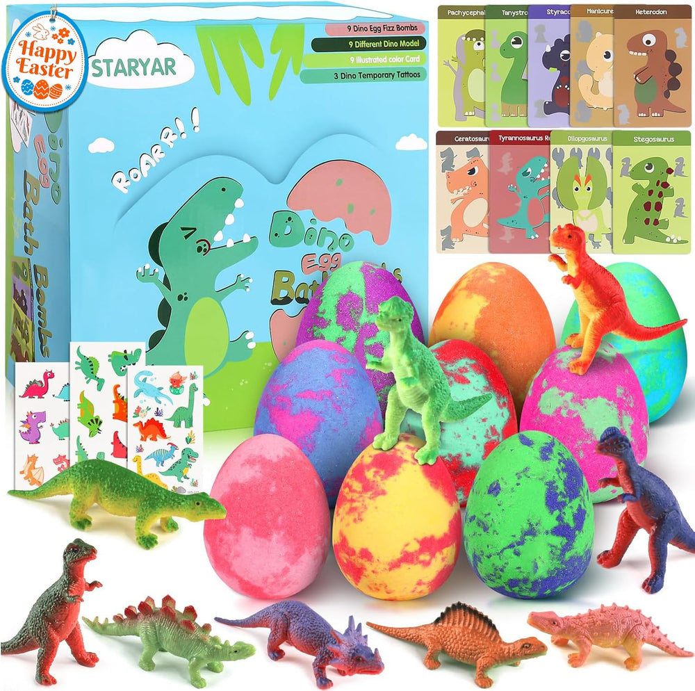 STARYAR dino egg bath bomb set with surprise toy inside for kids.