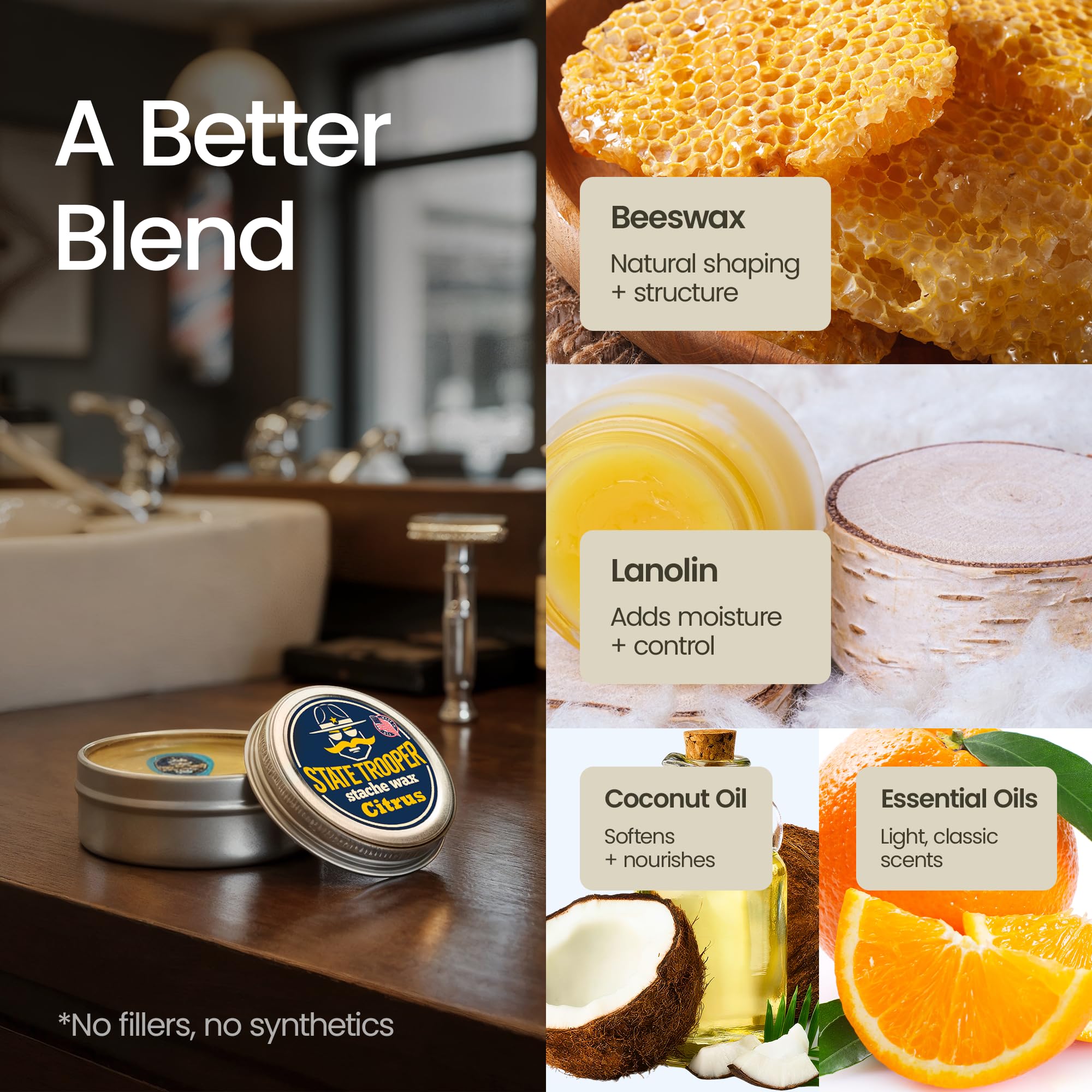 State Trooper Stache Wax ingredients label featuring beeswax, coconut oil and lanolin