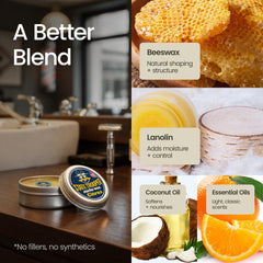 State Trooper Stache Wax ingredients label featuring beeswax, coconut oil and lanolin
