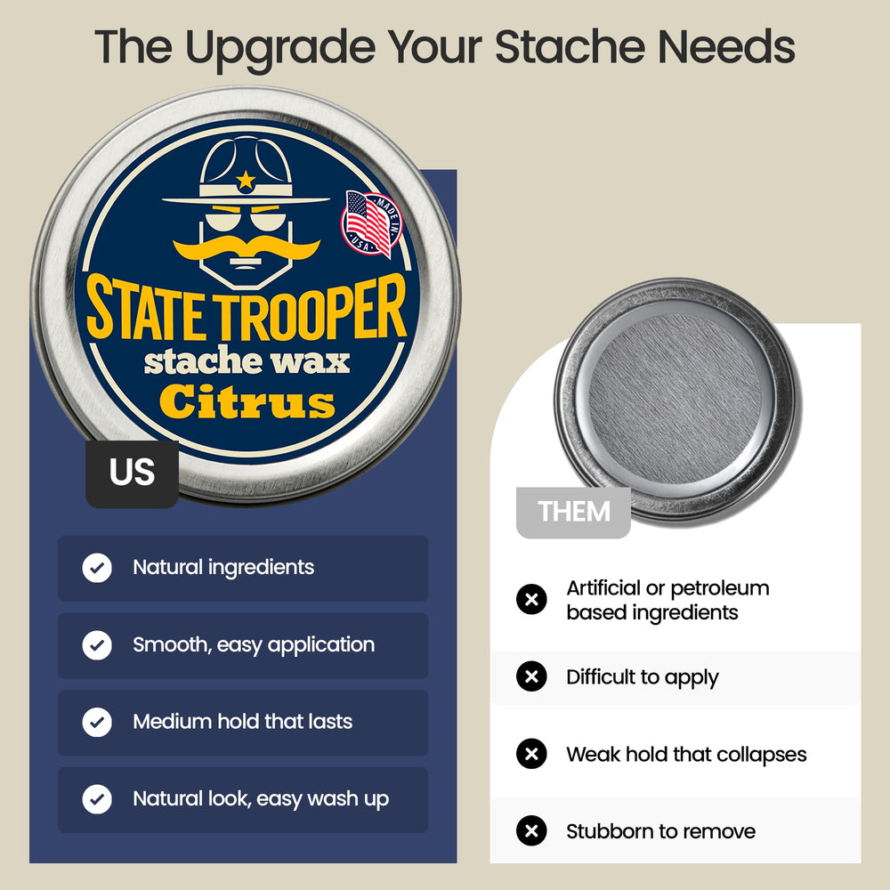 State Trooper Stache Wax tin side view highlighting compact travel size