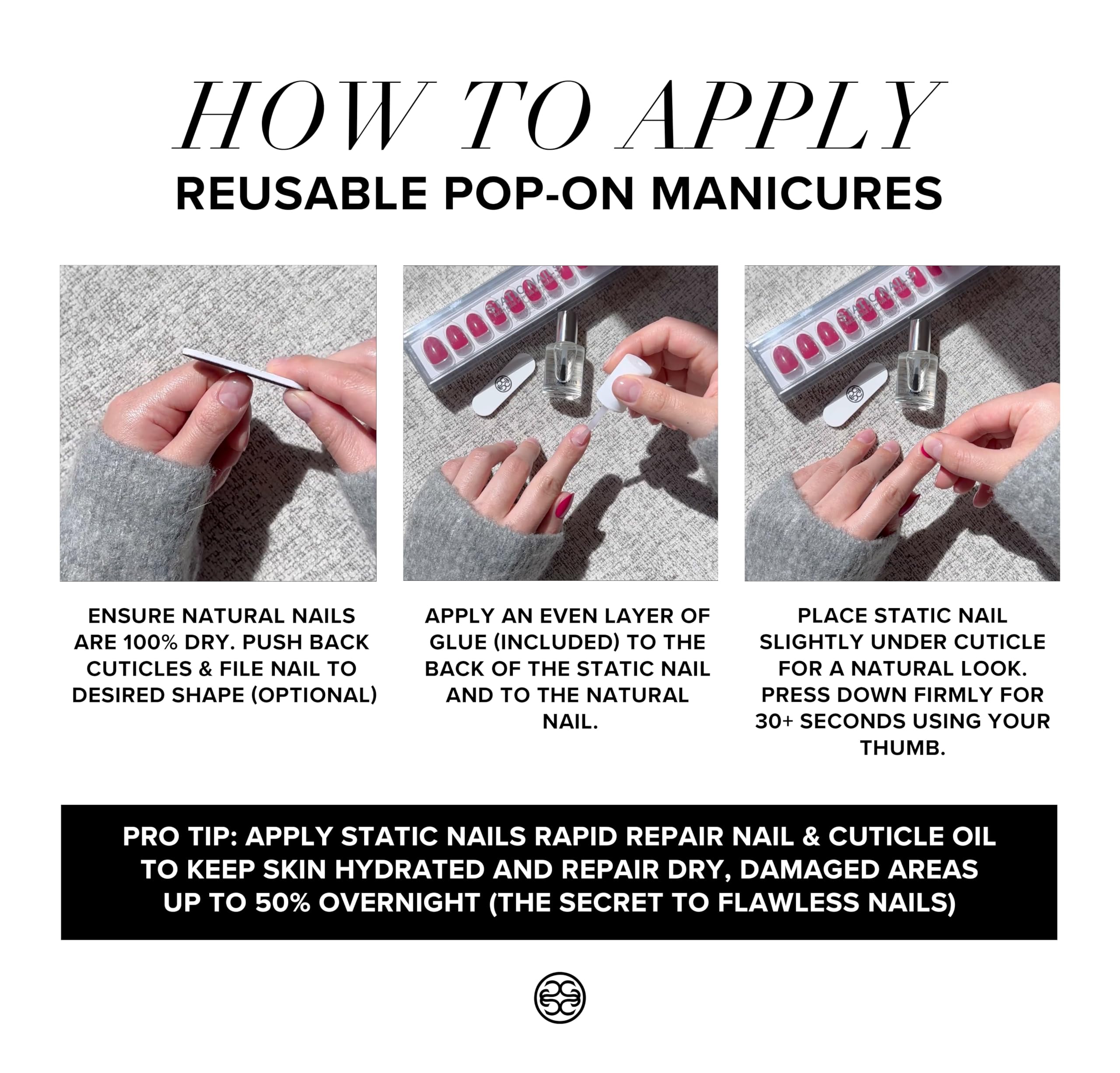 Static Nails brush-on glue being applied for clean, even coverage.