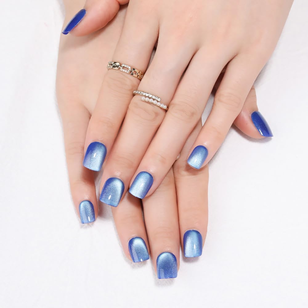 Stbisen cat-eye nails with glossy ice blue finish for glamorous at-home manicures.