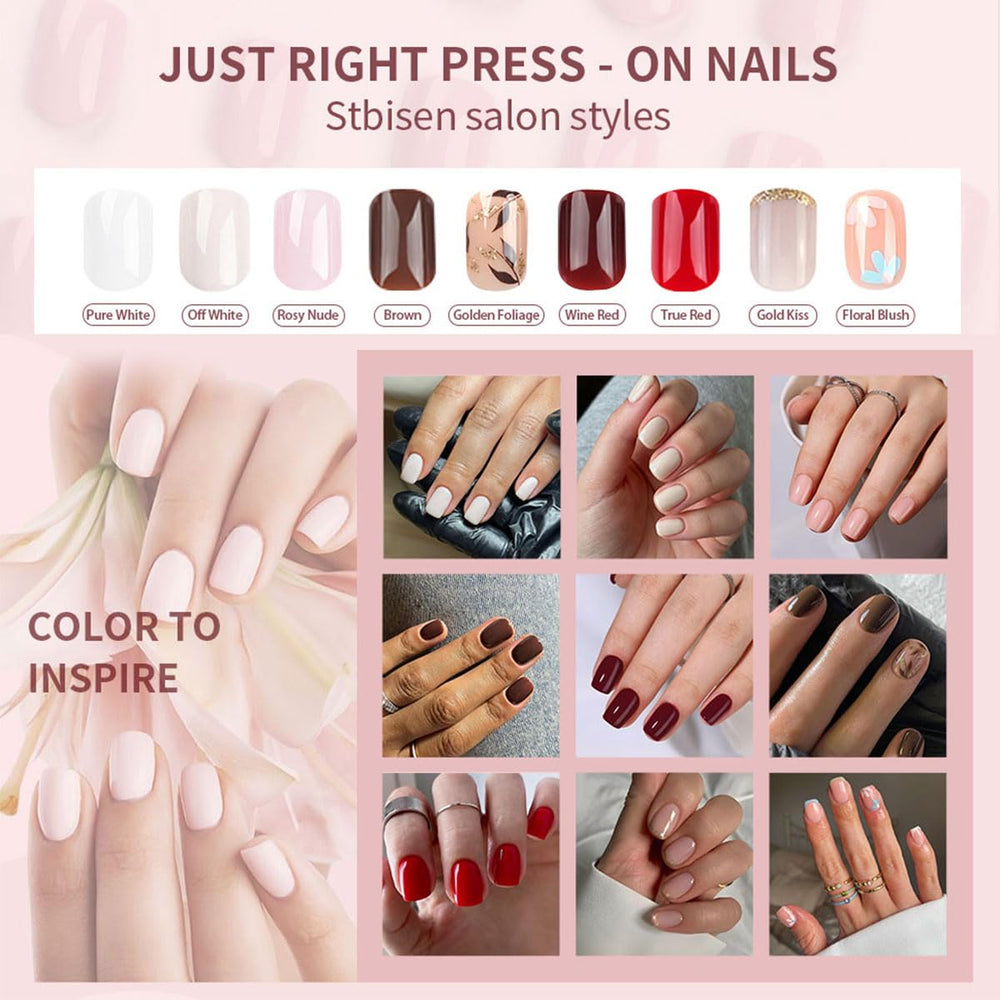 Uñas postizas Stbisen reutilizables con adhesivos para retirada limpia.