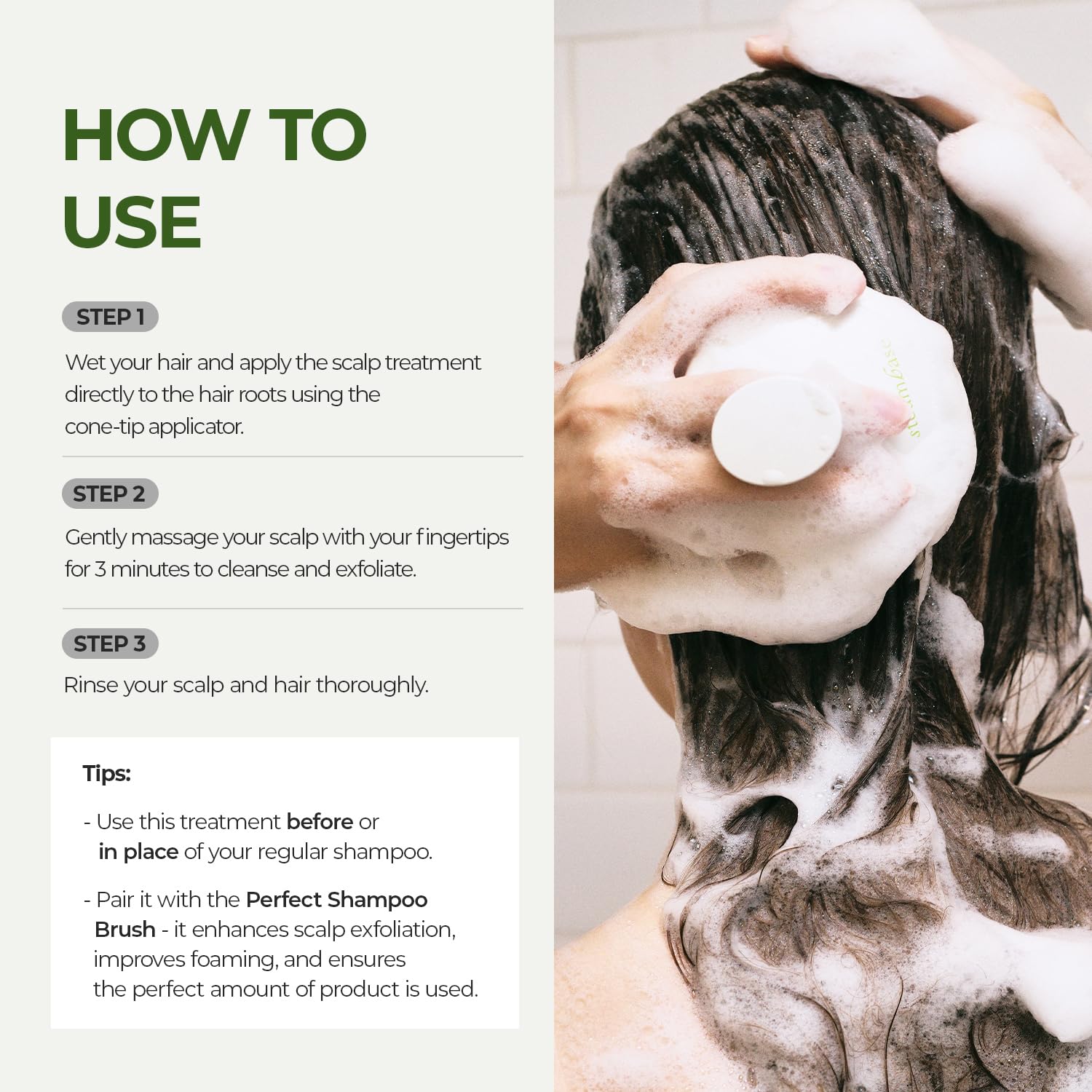Steambase Tea Tree Scalp Treatment used before shampoo for refreshed roots.
