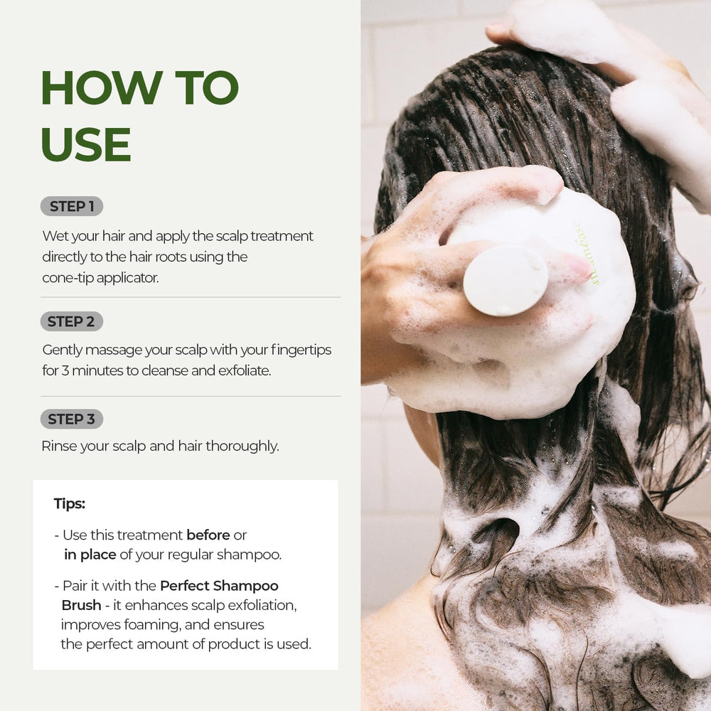 Steambase Tea Tree Scalp Treatment used before shampoo for refreshed roots.
