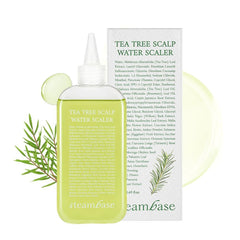Steambase Tea Tree Scalp Treatment bottle being poured to refresh oily scalps.
