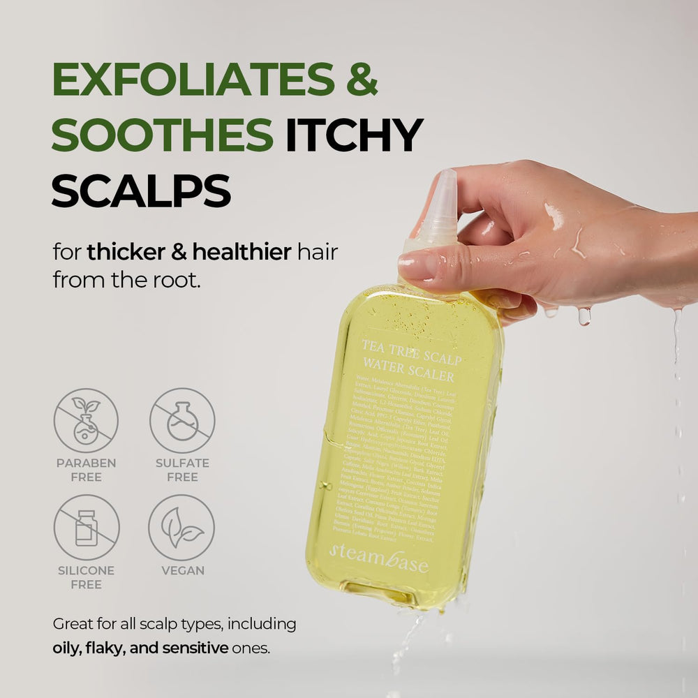 Steambase Tea Tree Scalp Treatment cone-tip nozzle targets scalp for deep cleansing.
