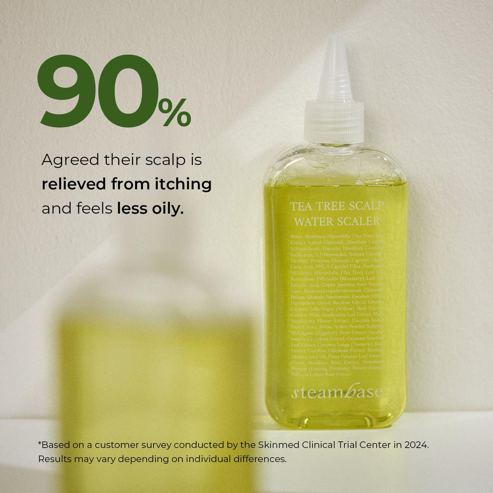 Steambase Tea Tree Scalp Treatment closeup of tea tree leaves emphasizes natural cleansing ingredients.