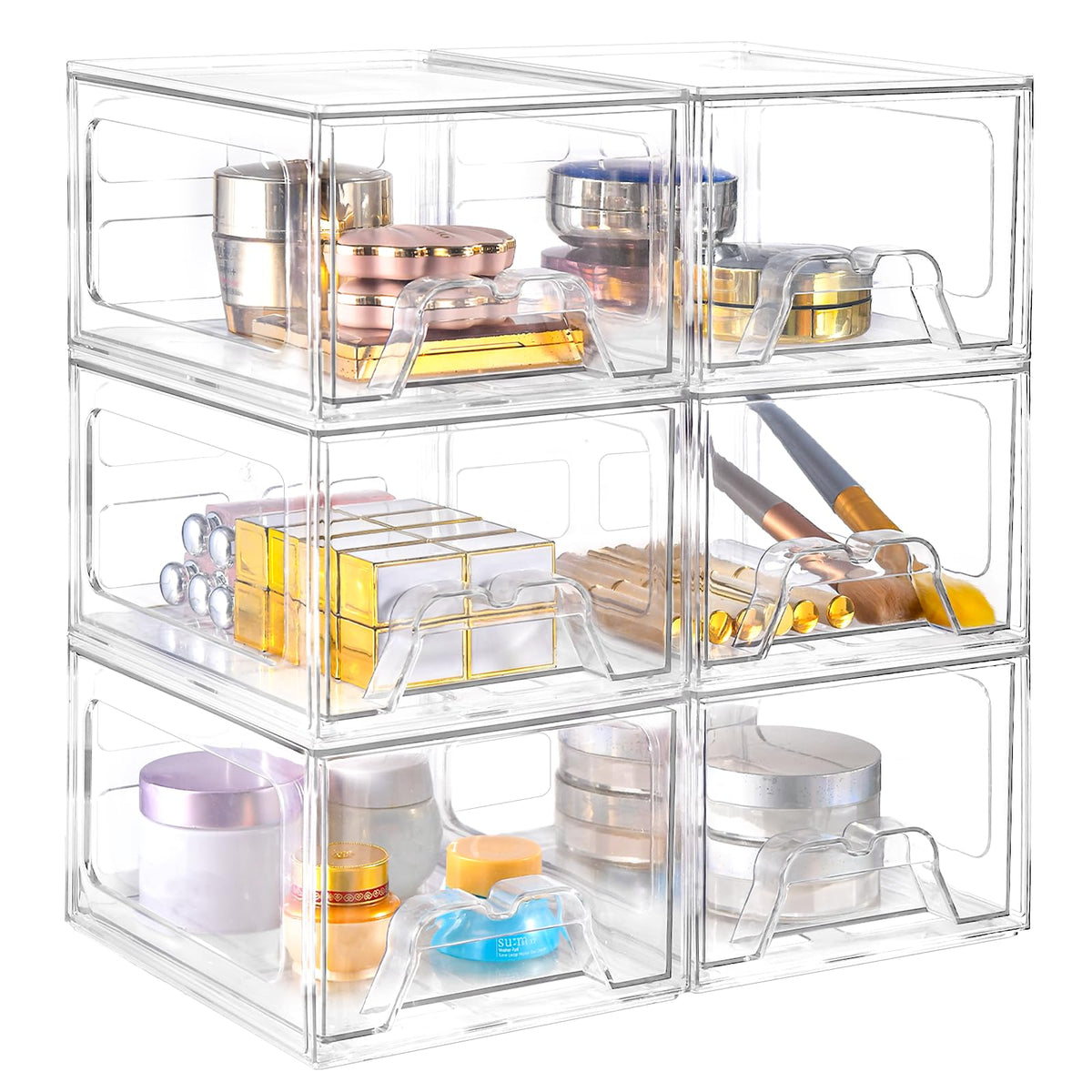 Stebopum stackable makeup organizer with six drawers for organized vanity.