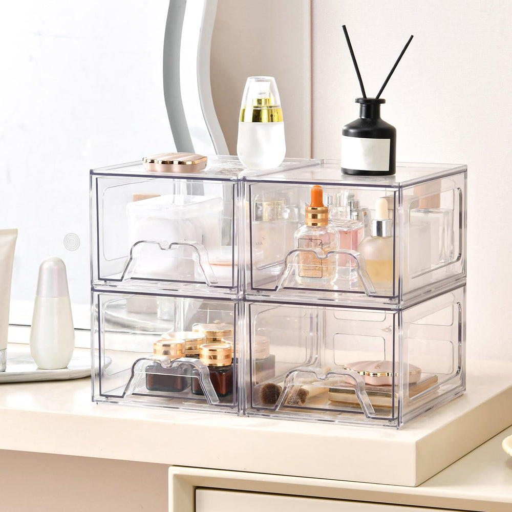 Stebopum vanity storage keeps cosmetics within easy reach.