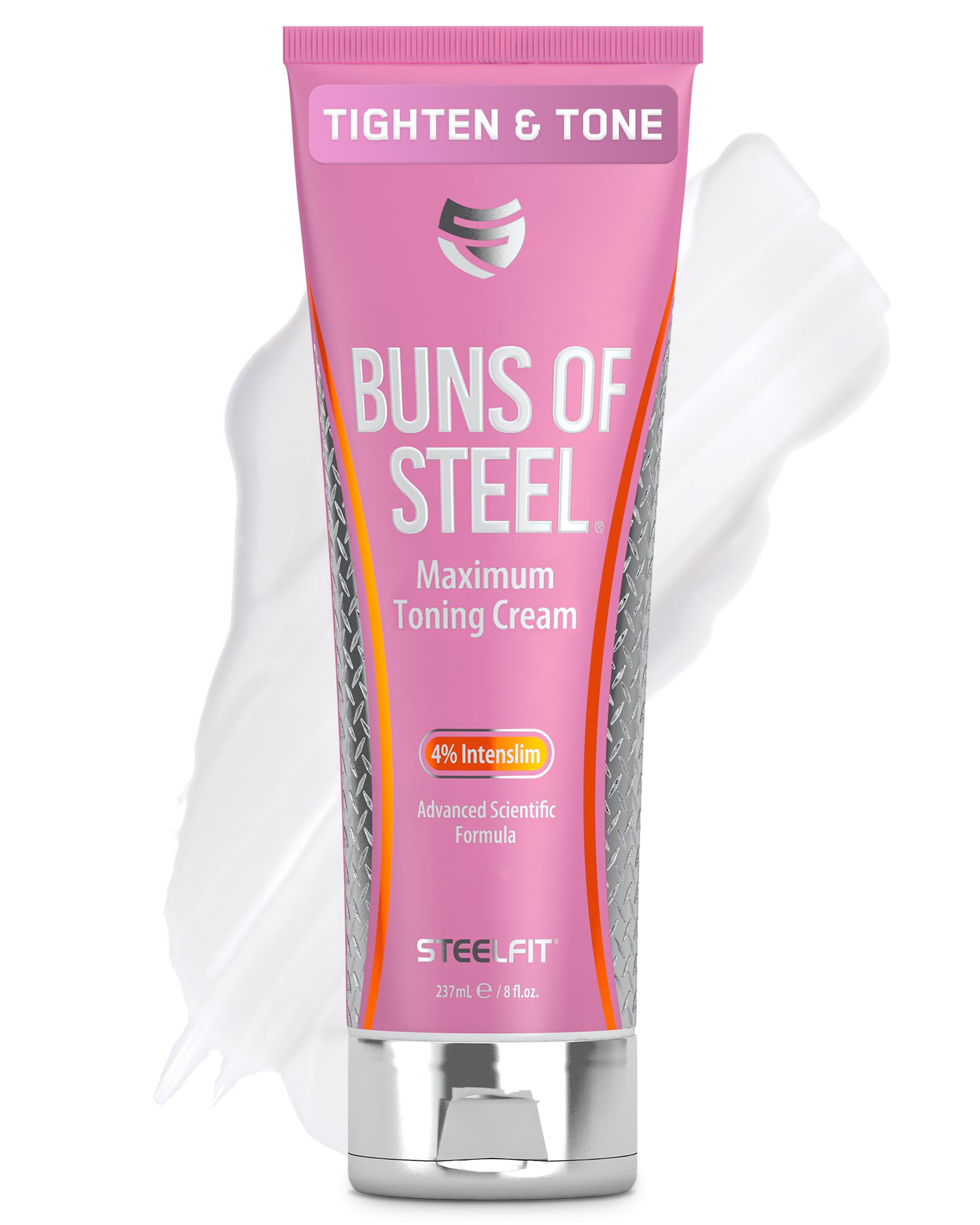 SteelFit Buns of Steel bottle pour highlights quick-absorb, non-greasy formula.