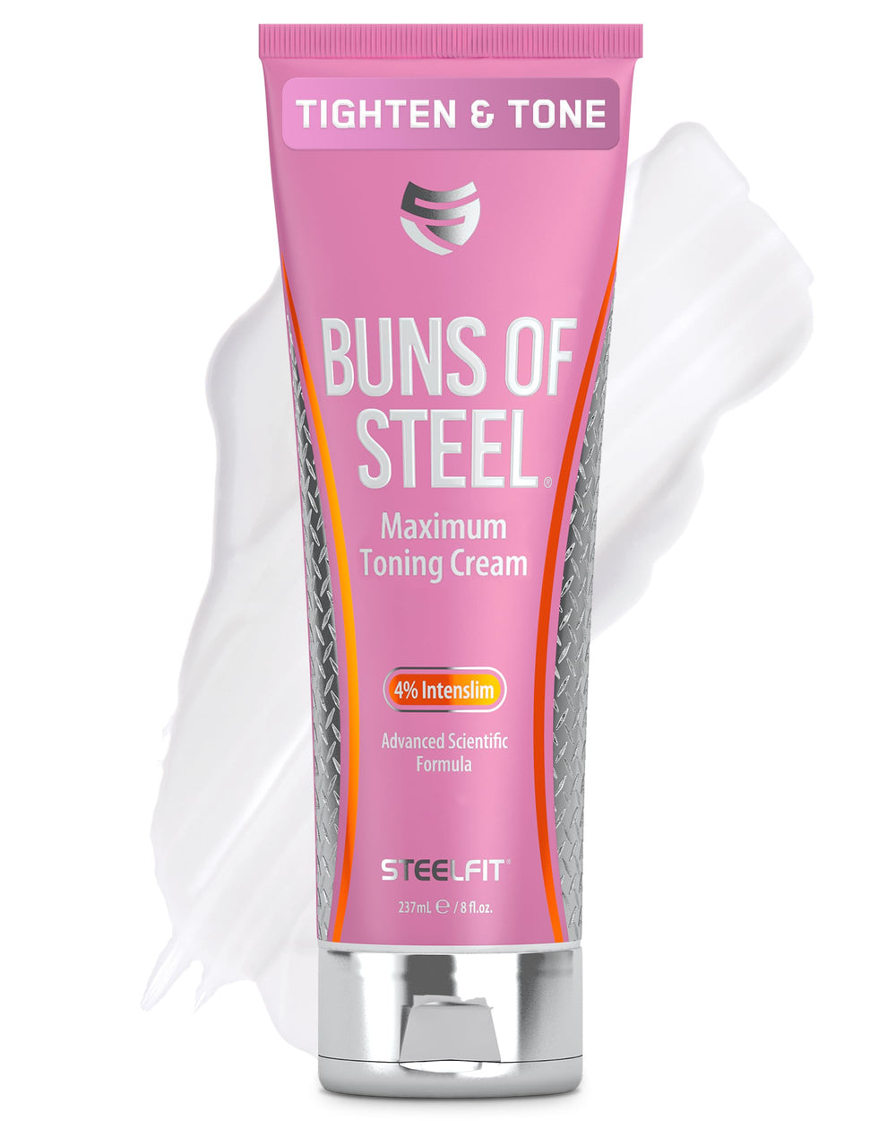 SteelFit Buns of Steel bottle pour highlights quick-absorb, non-greasy formula.