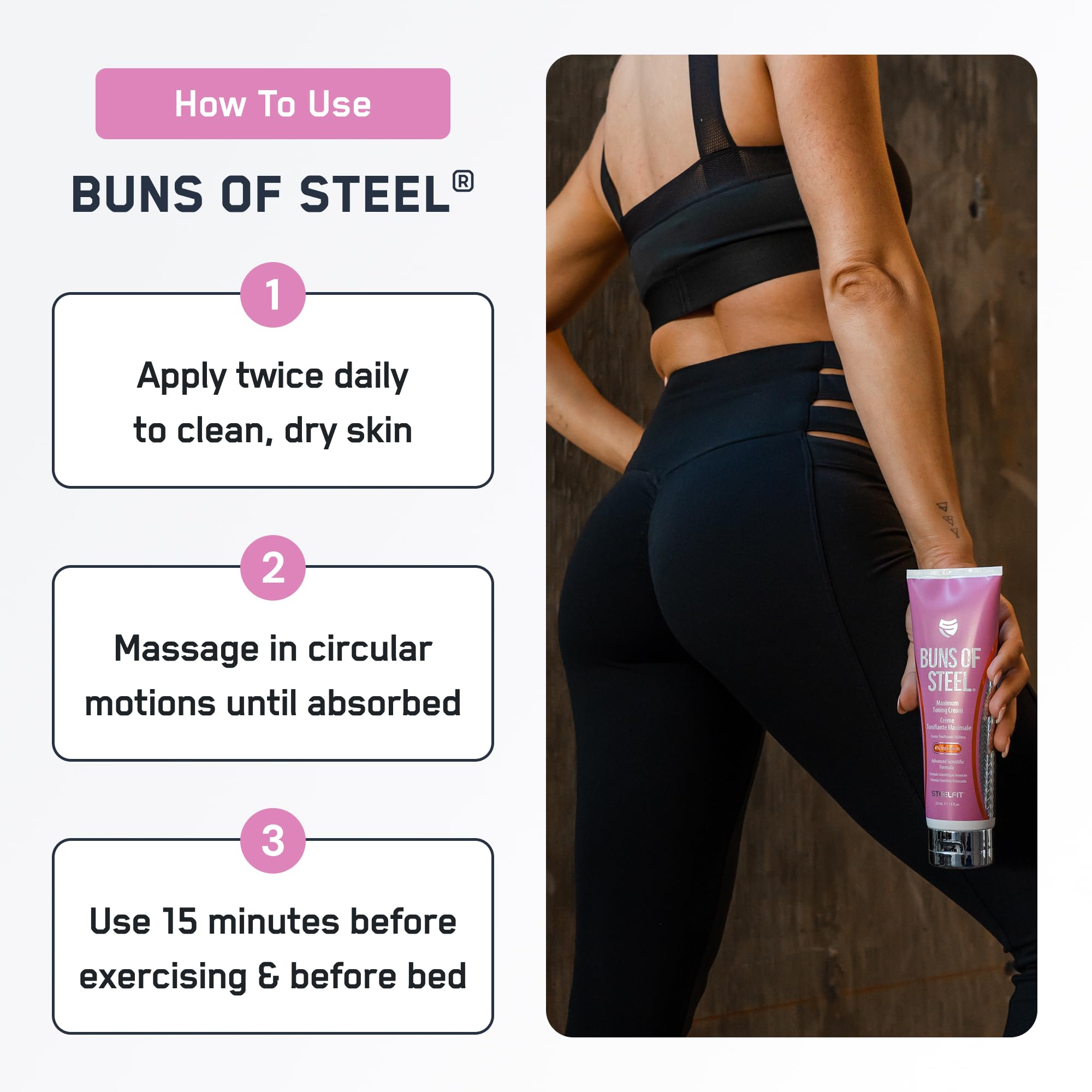 SteelFit Buns of Steel jar close-up emphasizes premium packaging and rich formula.