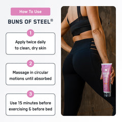 SteelFit Buns of Steel jar close-up emphasizes premium packaging and rich formula.