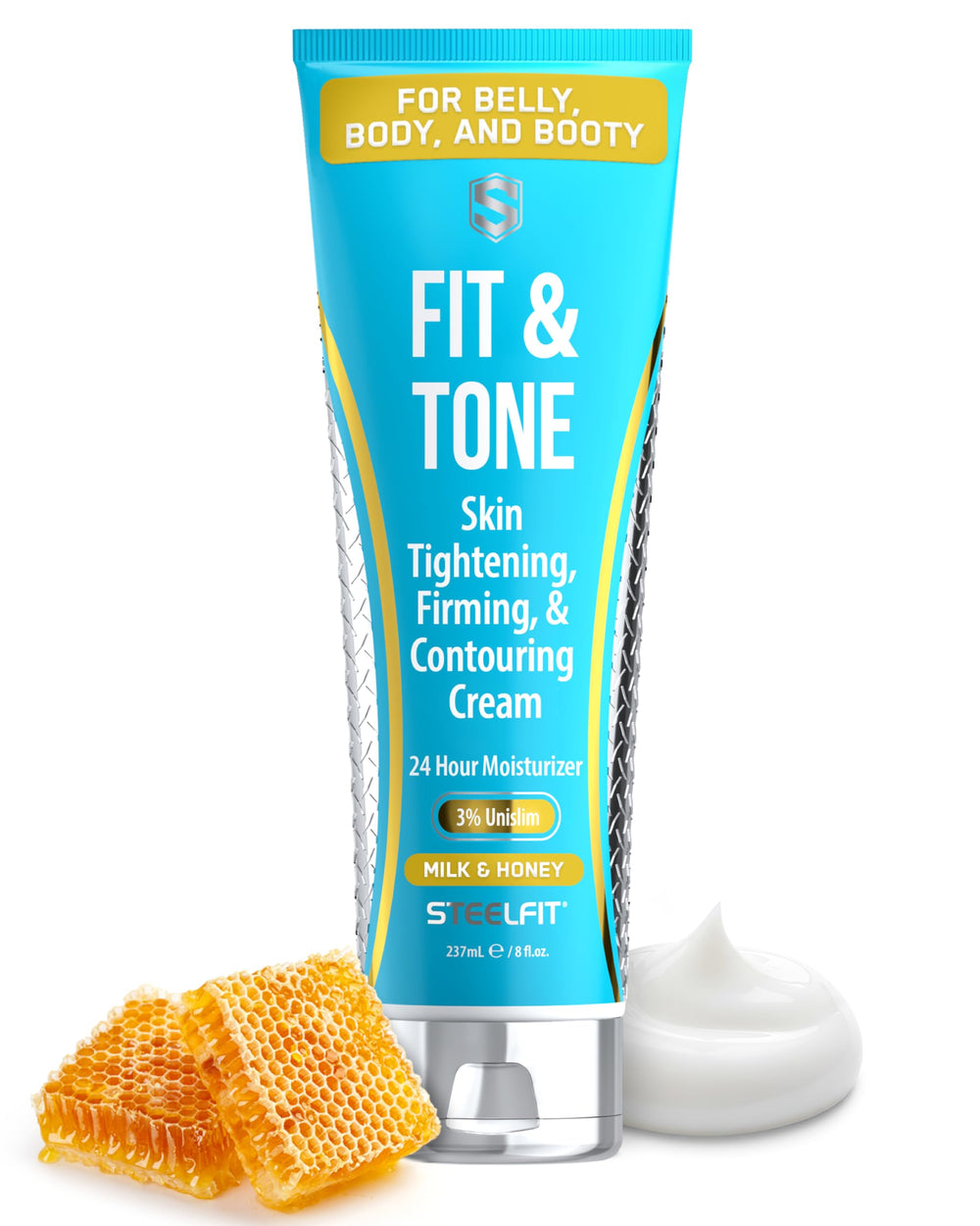 SteelFit crema firmadora en bote para contorno corporal y hidratación.