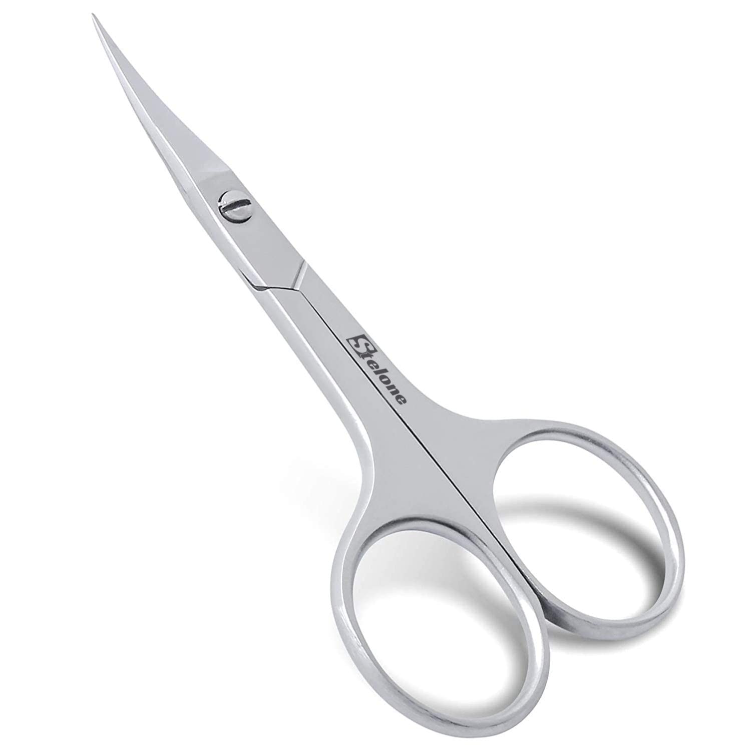 Stelone eyebrow scissors with curved blades for precise brow shaping at home.