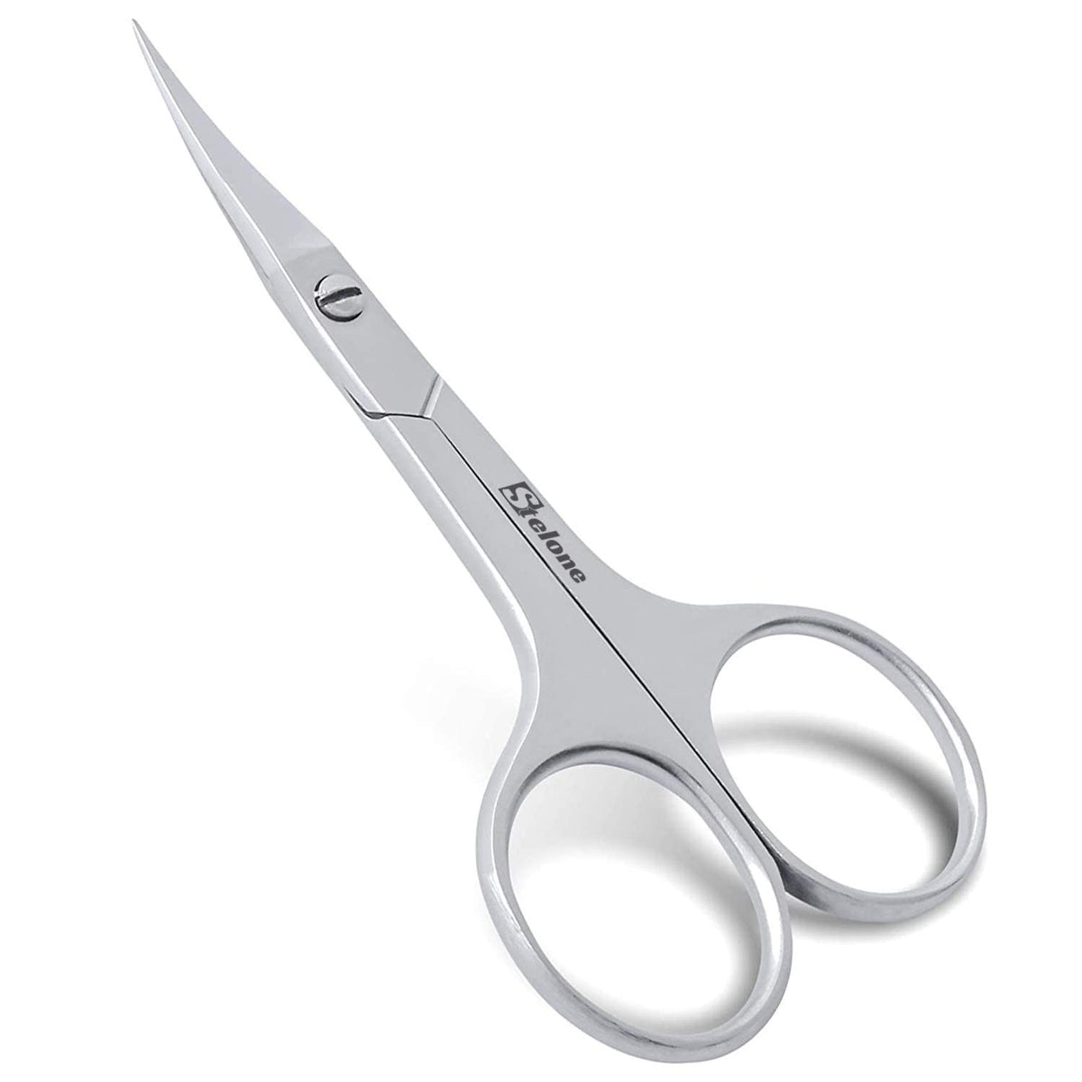 Stelone eyebrow scissors with curved blades for precise brow shaping at home.