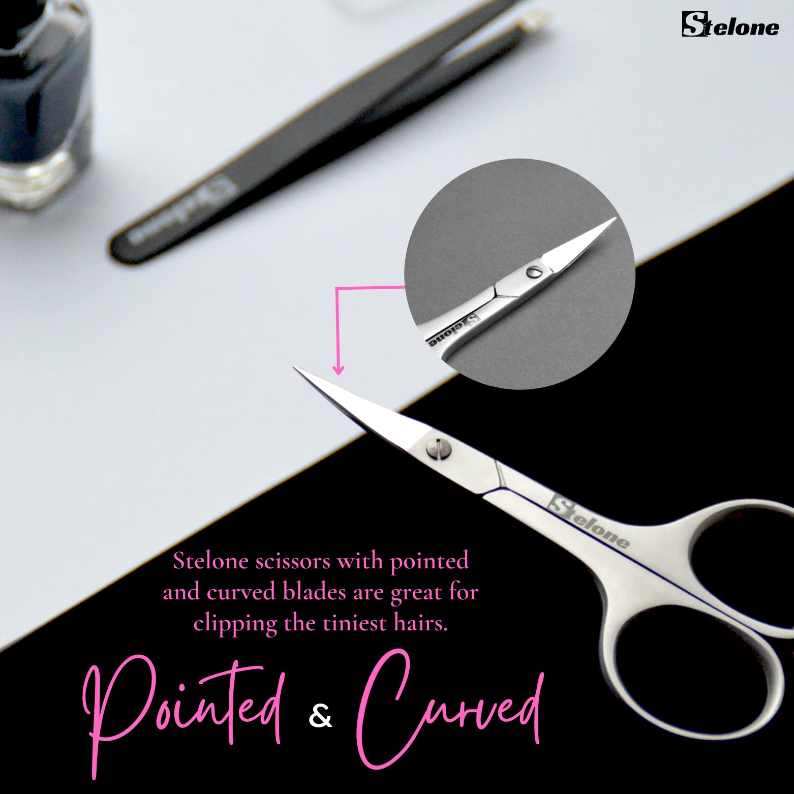 Stelone compact travel-size scissor fits in a beauty bag.
