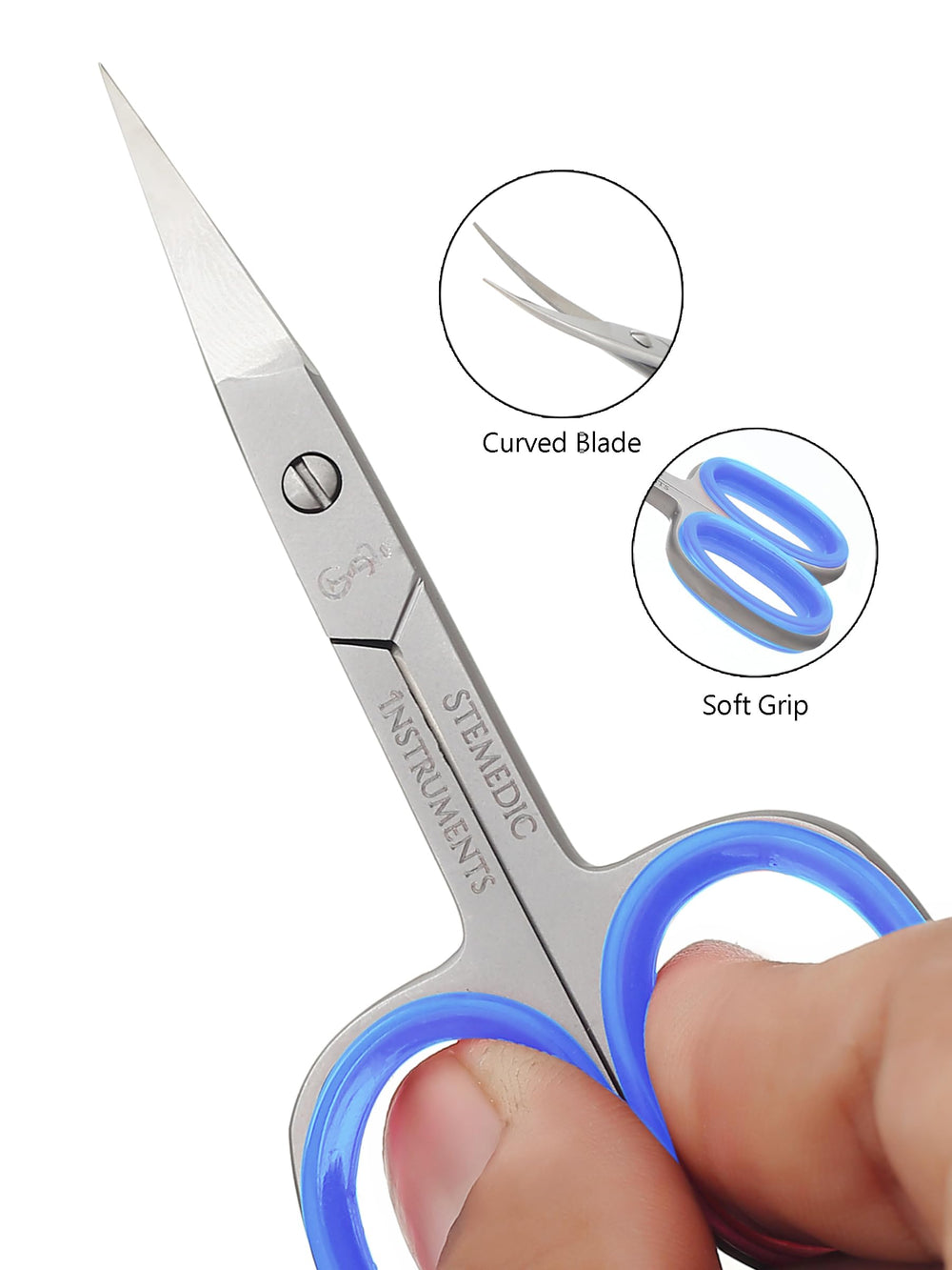 Stemedic Instruments curved cuticle scissors closeup in blue for smooth cuticle care.