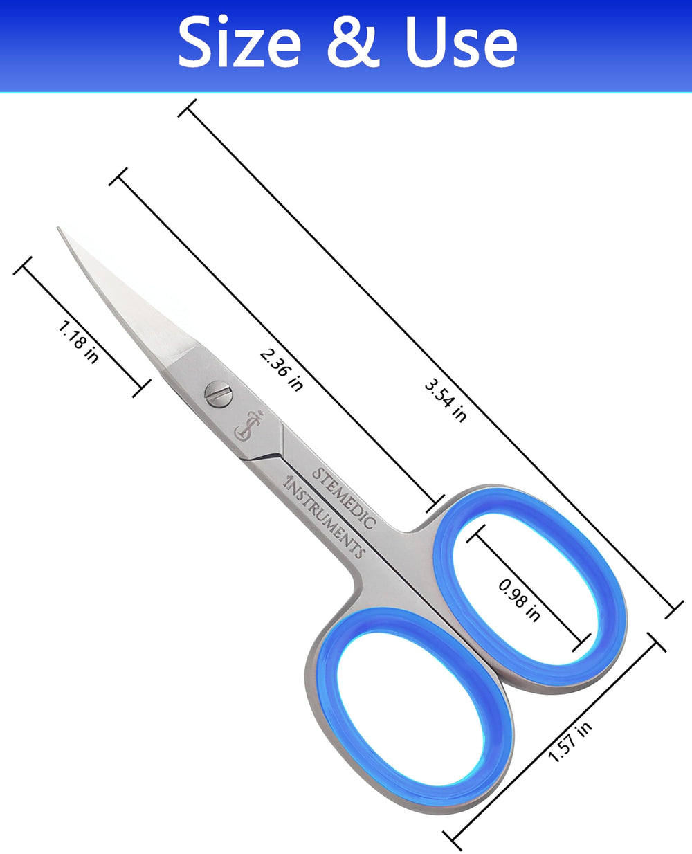 Stemedic Instruments curved eyebrow scissors in blue for neat shaping and precise grooming.