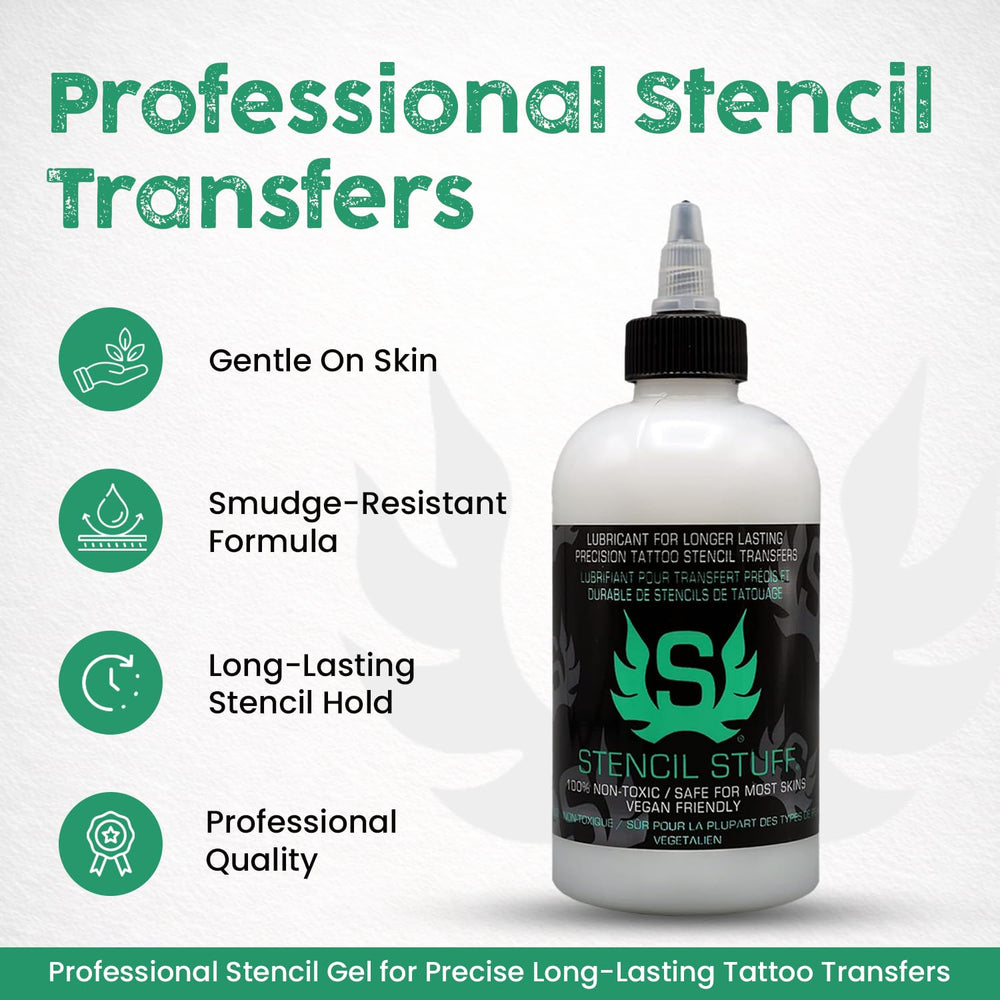 Stencil Stuff gel, aplicación fácil para plantillas de tatuaje, resultados rápidos y uniformes.