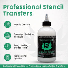 Stencil Stuff gel, aplicación fácil para plantillas de tatuaje, resultados rápidos y uniformes.