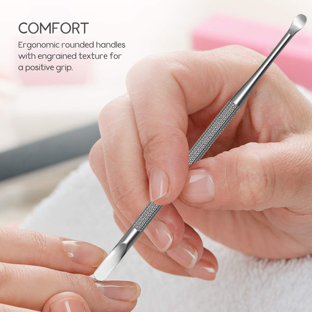 Sterling Beauty Tools stainless steel cuticle pusher close-up of polished tip