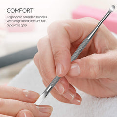 Sterling Beauty Tools stainless steel cuticle pusher close-up of polished tip