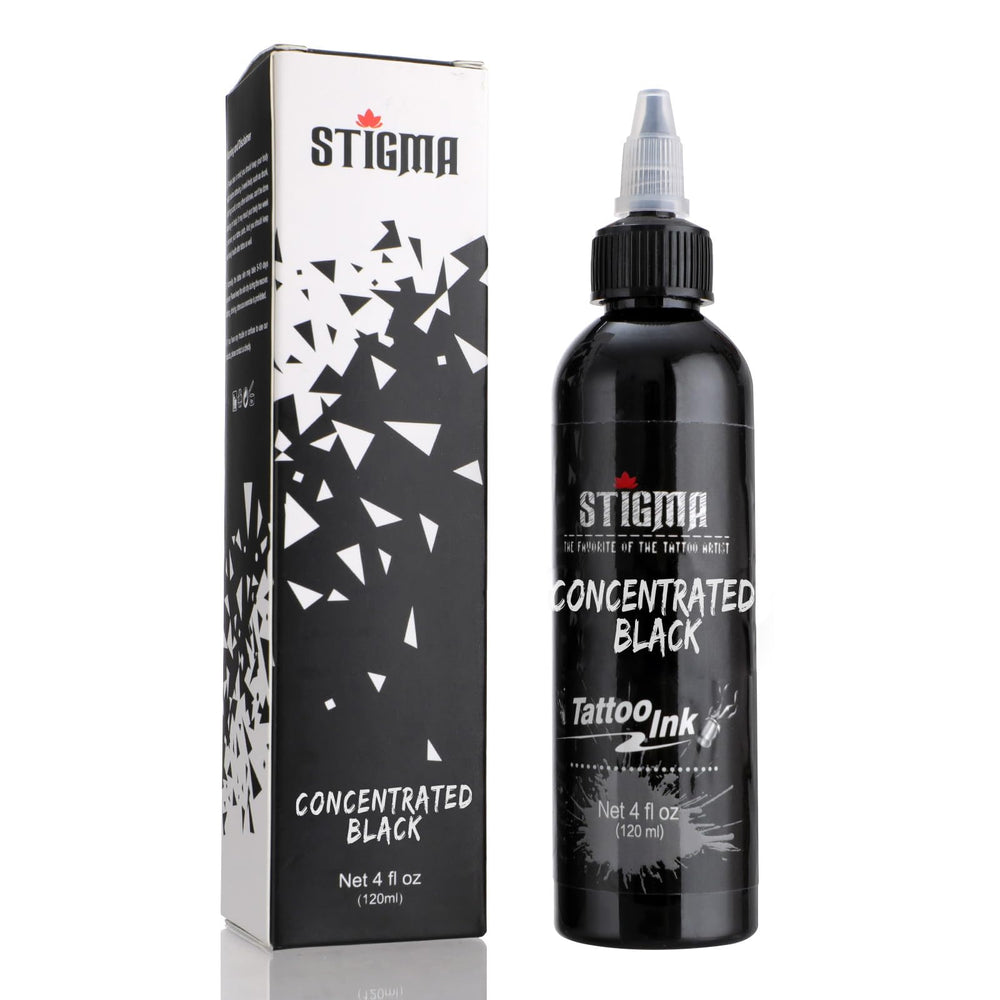 STIGMA tinta negra para tatuaje en botella de 120 ml, ideal para delineado preciso.