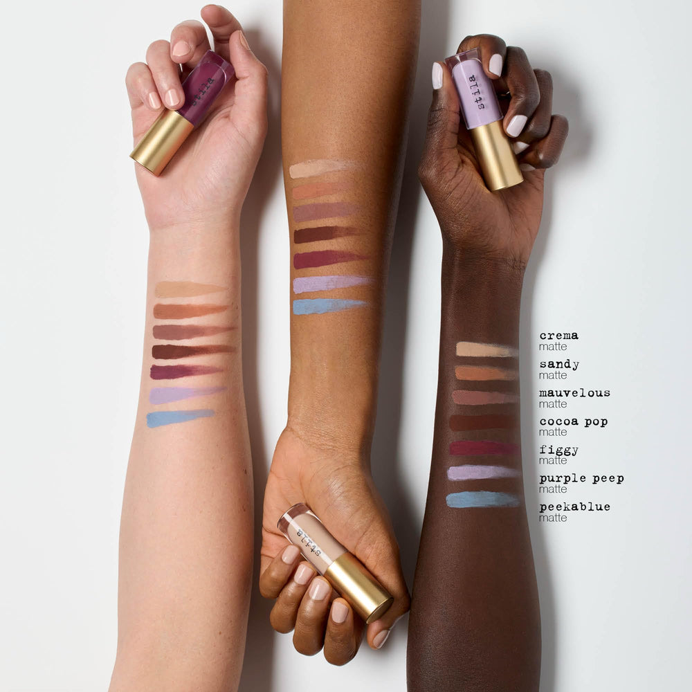 Stila Liqua Play packaging and ingredients highlight Shea butter and Vitamin E derivative.