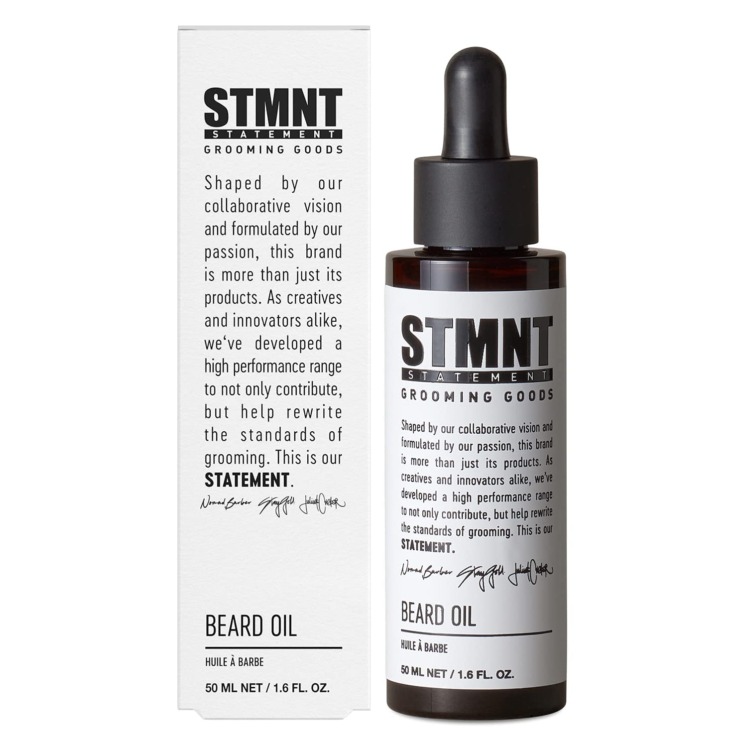 STMNT beard oil bottle being poured for easy daily grooming.