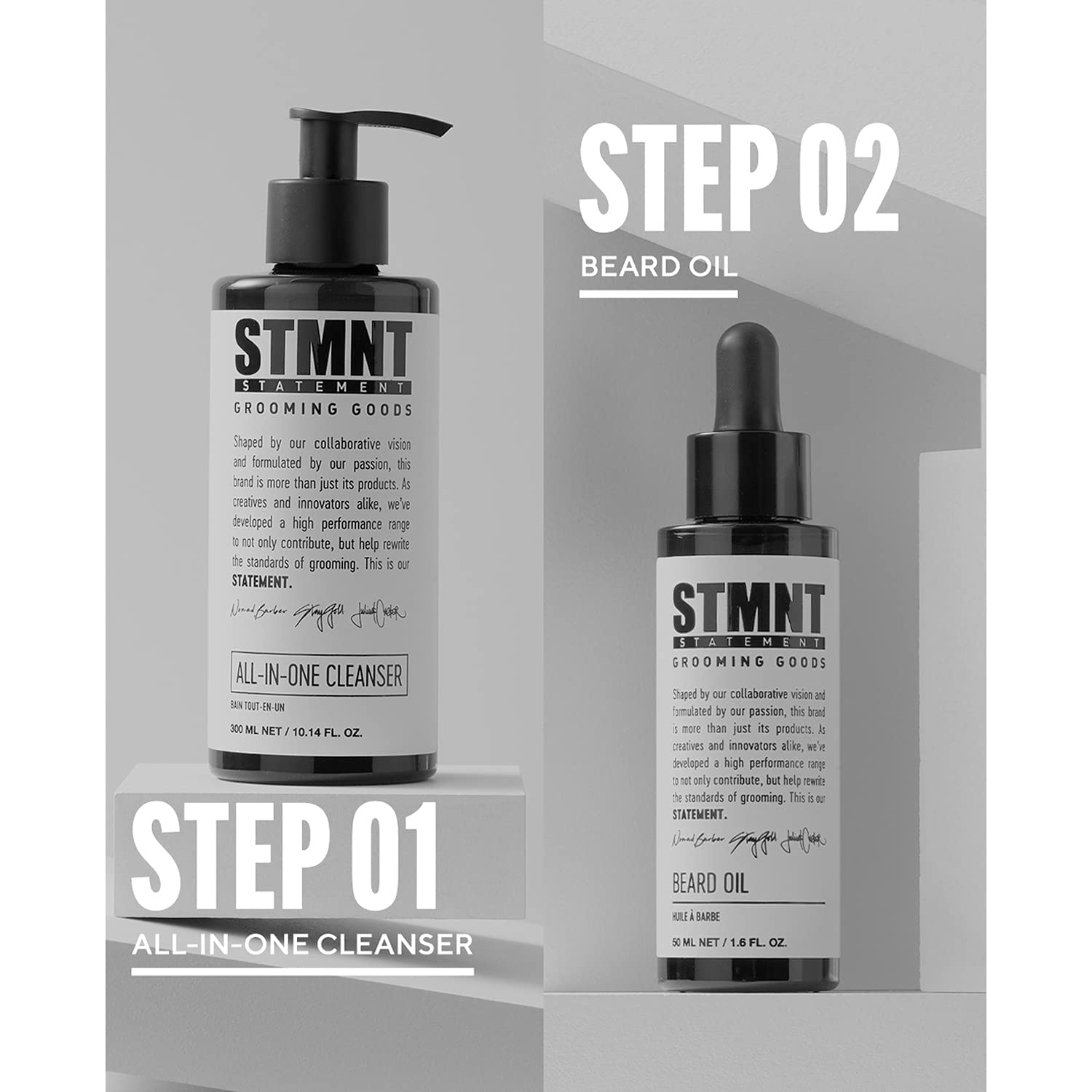 Wooden cap and premium bottle of STMNT beard oil.