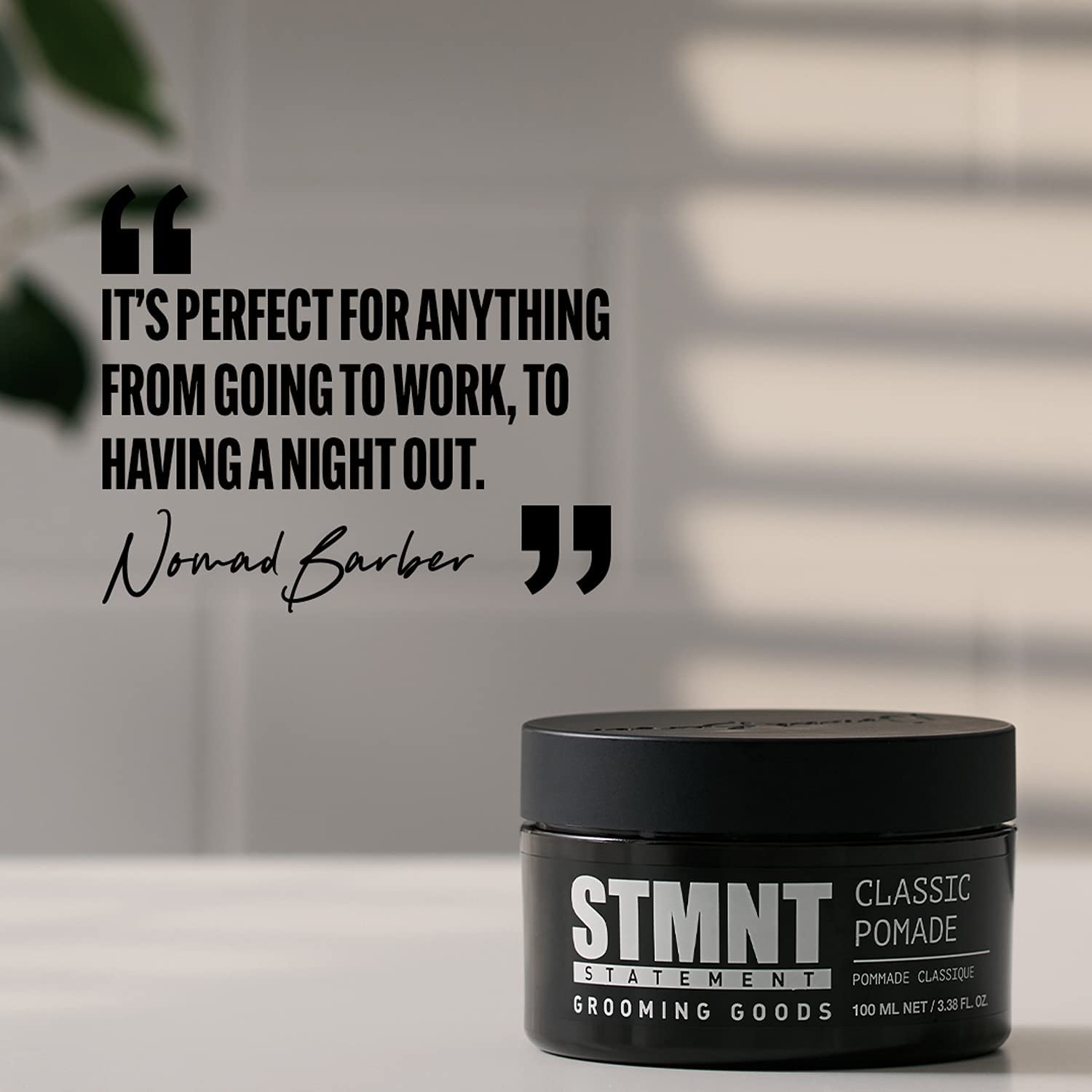 STMNT Grooming Goods Classic Pomade applied to damp hair for flexible hold and natural shine.