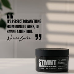 STMNT Grooming Goods Classic Pomade applied to damp hair for flexible hold and natural shine.