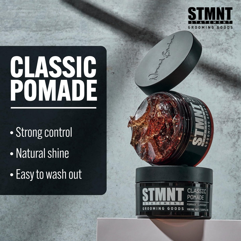 STMNT Grooming Goods Classic Pomade jar texture visible, signaling easy wash-out and flexible control.