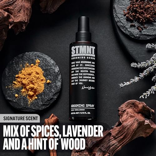 STMNT Grooming Spray applied to damp hair aids smoother blow-drying and shaping.