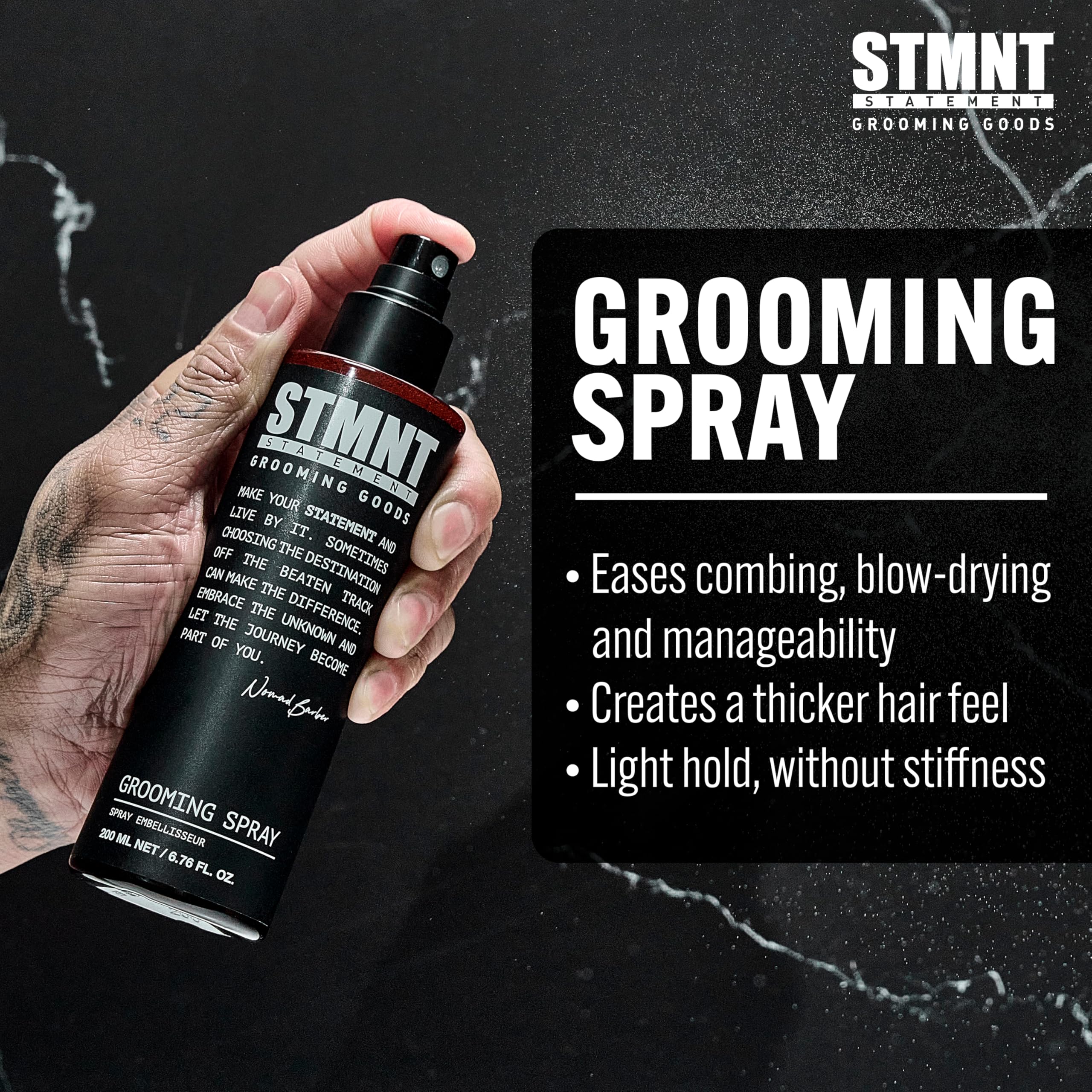 STMNT Grooming Spray’s non-sticky formula lets hair move freely during styling.