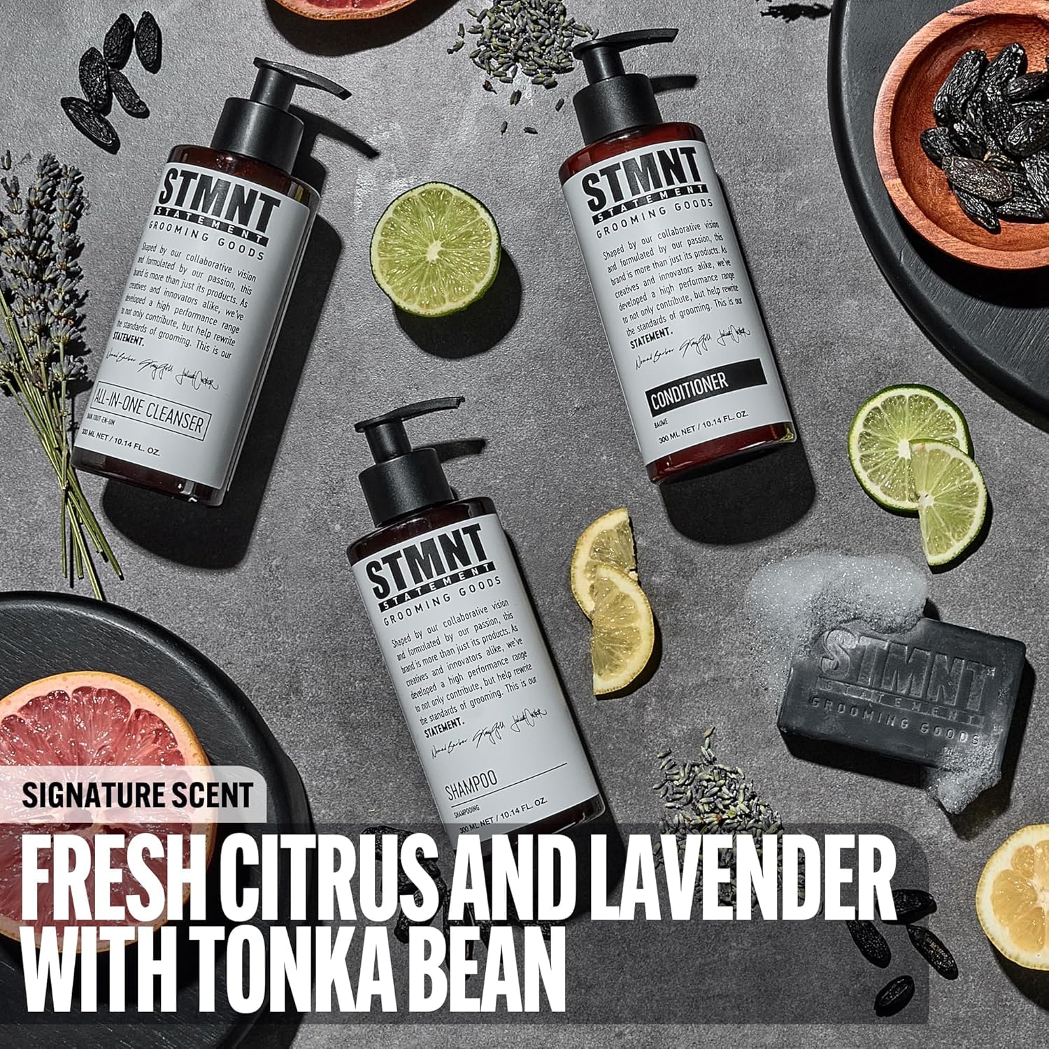 STMNT Grooming Goods Shampoo citrus lavender tonka scent enhances the routine