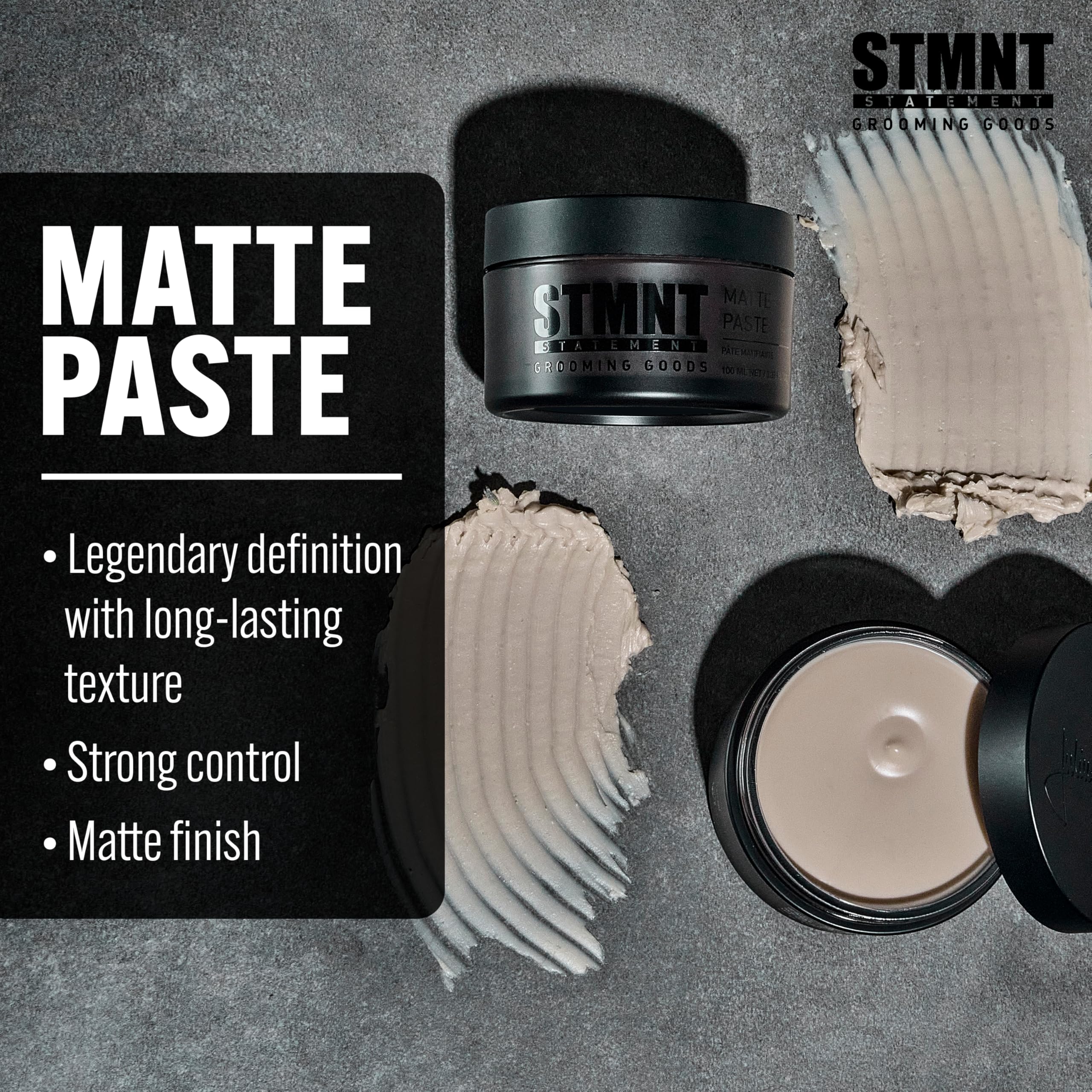 STMNT Matte Paste being applied to dry hair for firm hold.