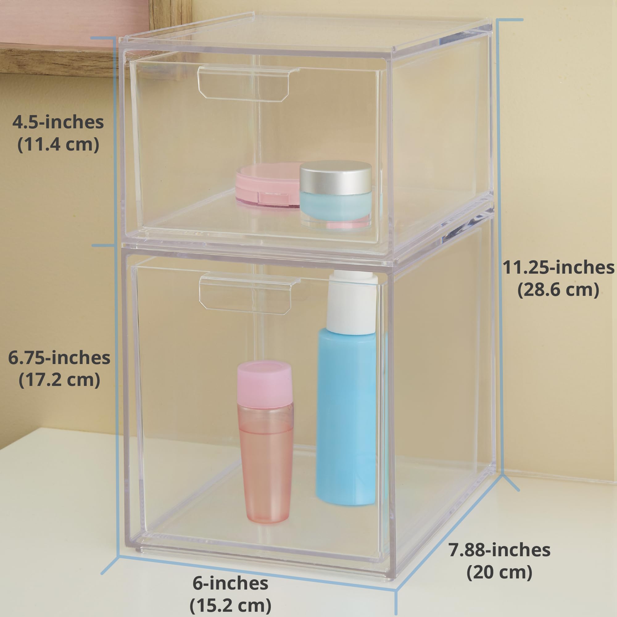 STORi Audrey clear bin drawer on a dresser for quick makeup access.