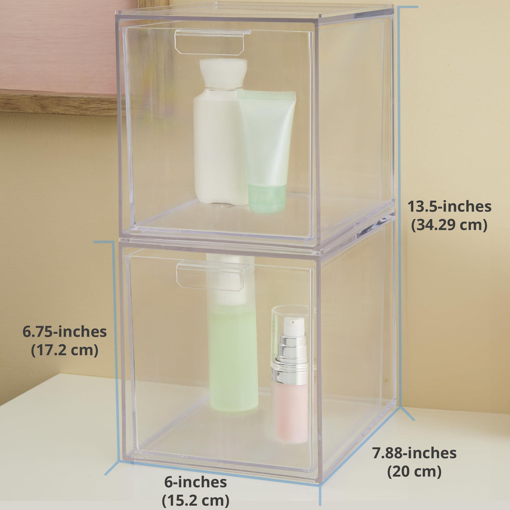 STORi Audrey clear bin drawer in bathroom to organize cosmetics and tools