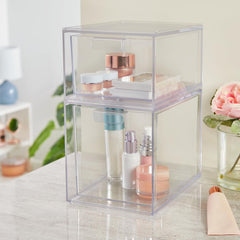 Close-up of STORi Audrey stackable bins showing BPA-free clear plastic material.