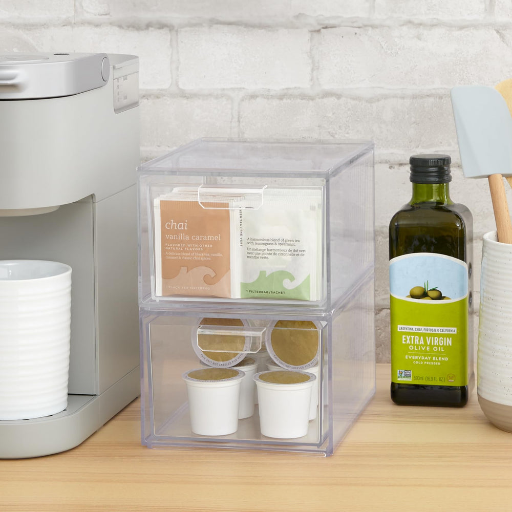 STORi Audrey stackable clear bin drawer displaying cosmetics storage and visibility