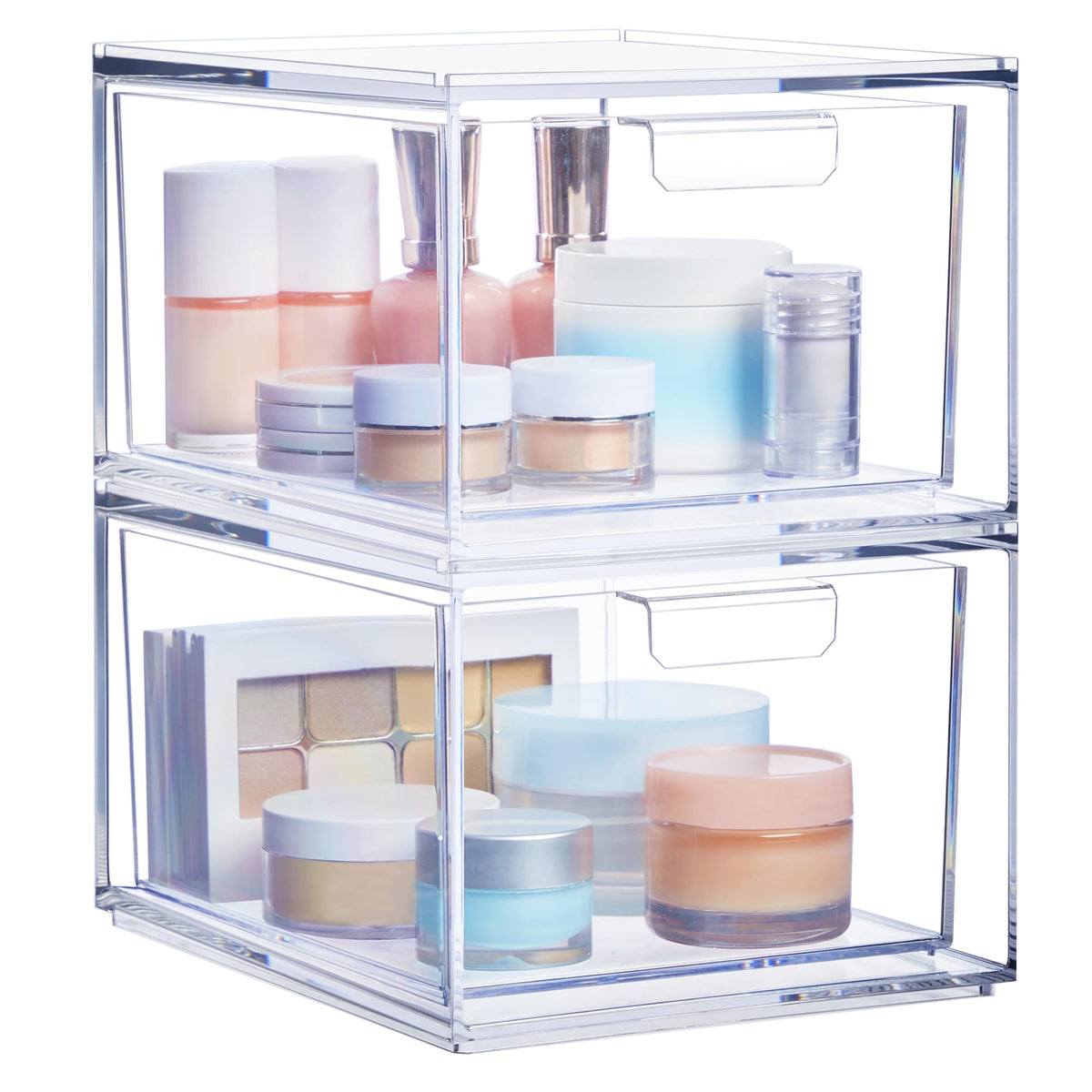 STORi Audrey stackable clear bin drawer on vanity for cosmetics organization