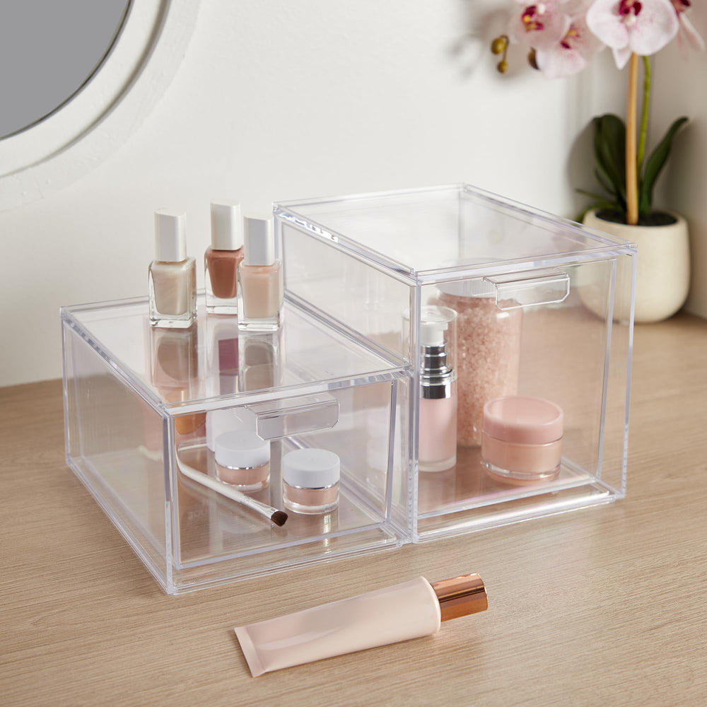 STORi Audrey stackable drawers fitting into a bathroom cabinet.