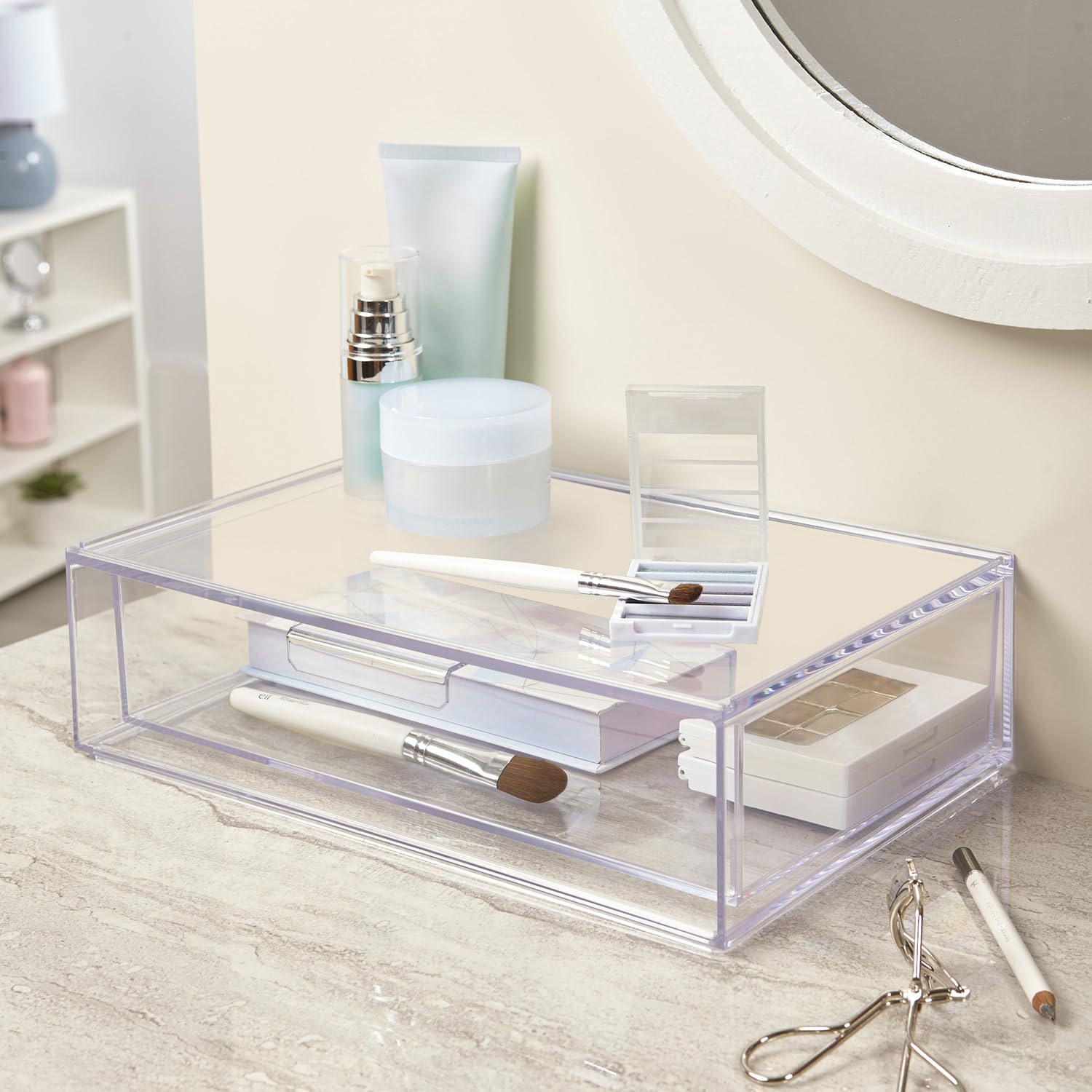STORi Audrey clear bin on vanity with palettes neatly arranged