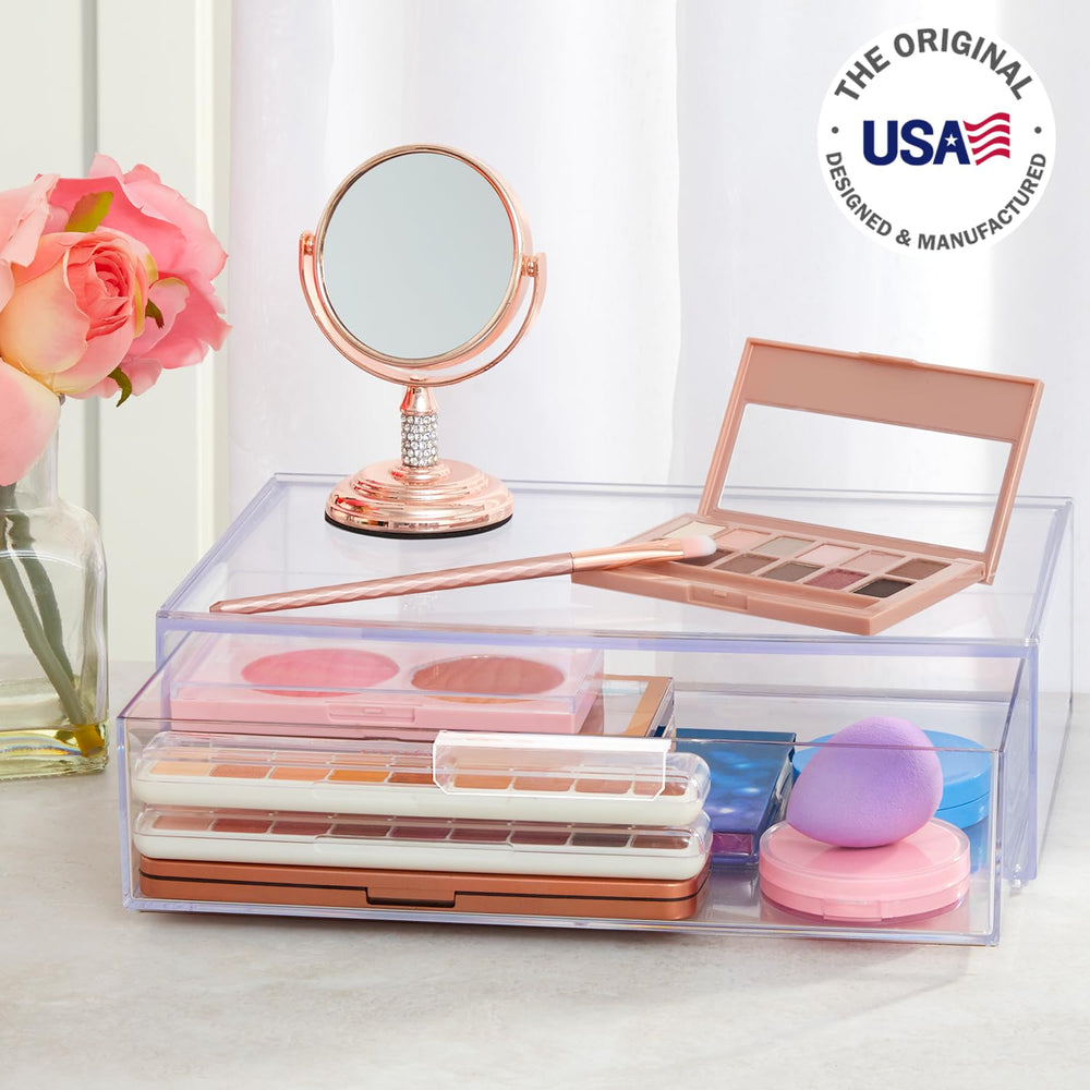 STORi Audrey clear bin with cosmetics neatly organized inside