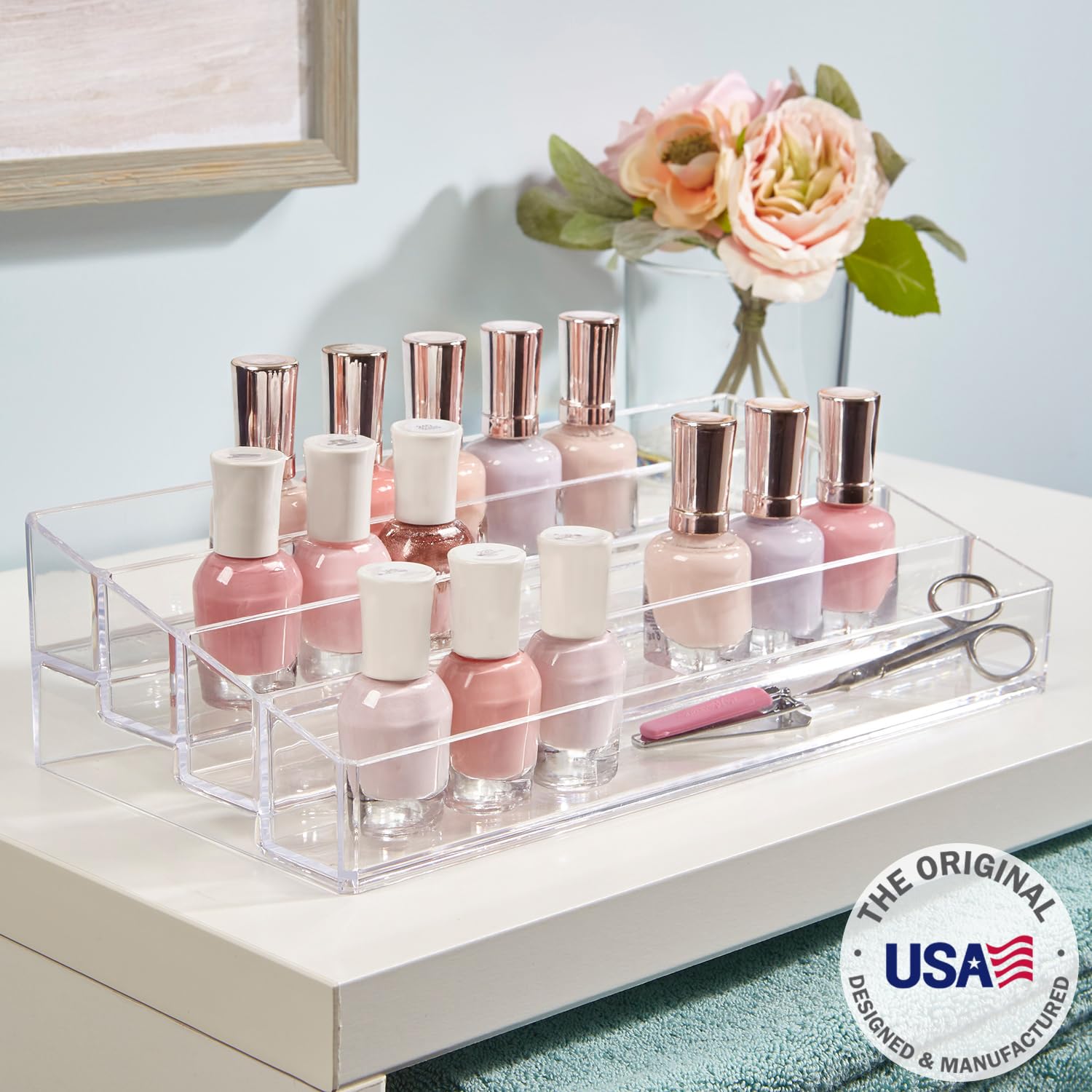 STORi clear plastic organizer rack saves counter space while showing items.